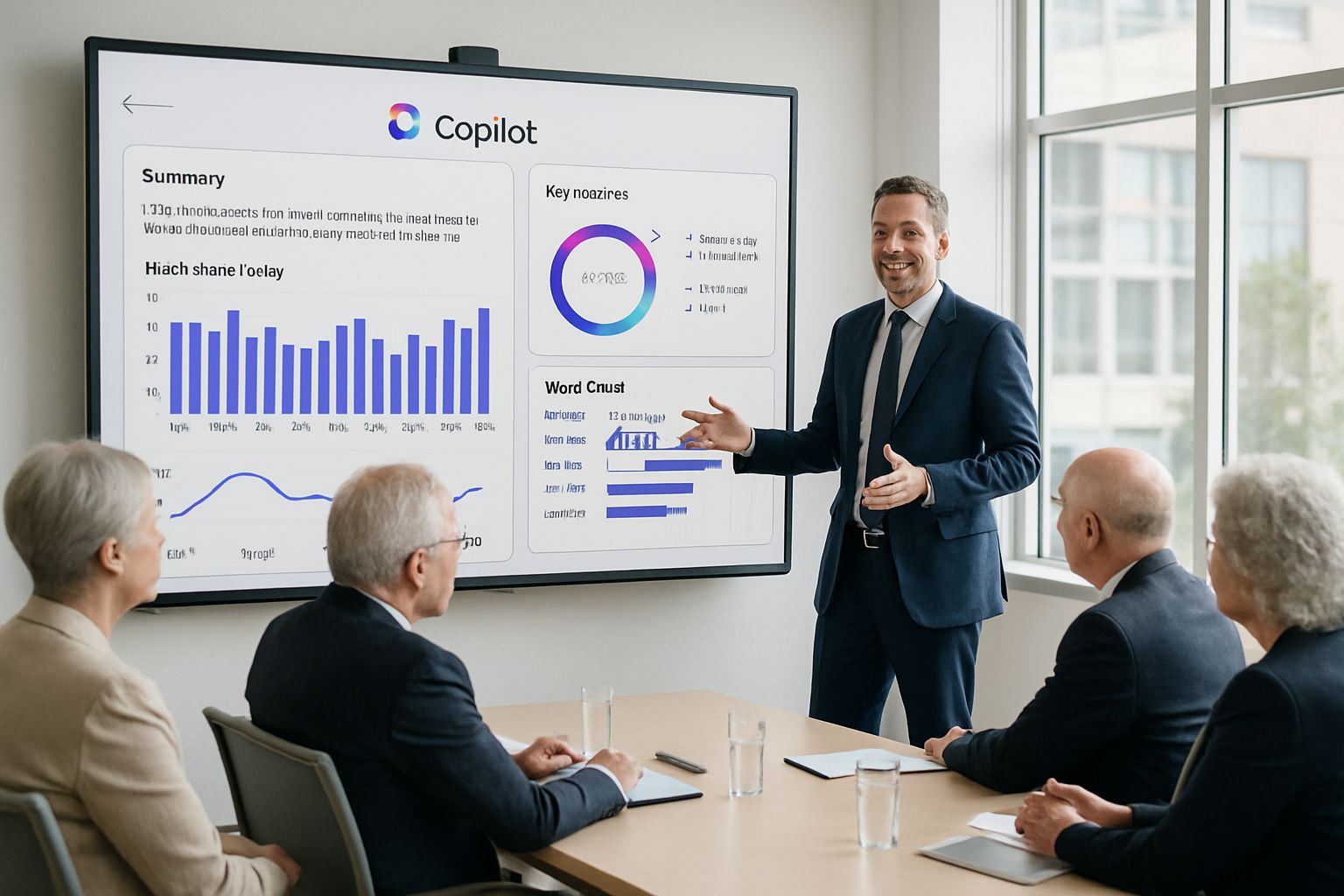 Trainer explaining Microsoft Copilot Training to C-suite executives with display screen.