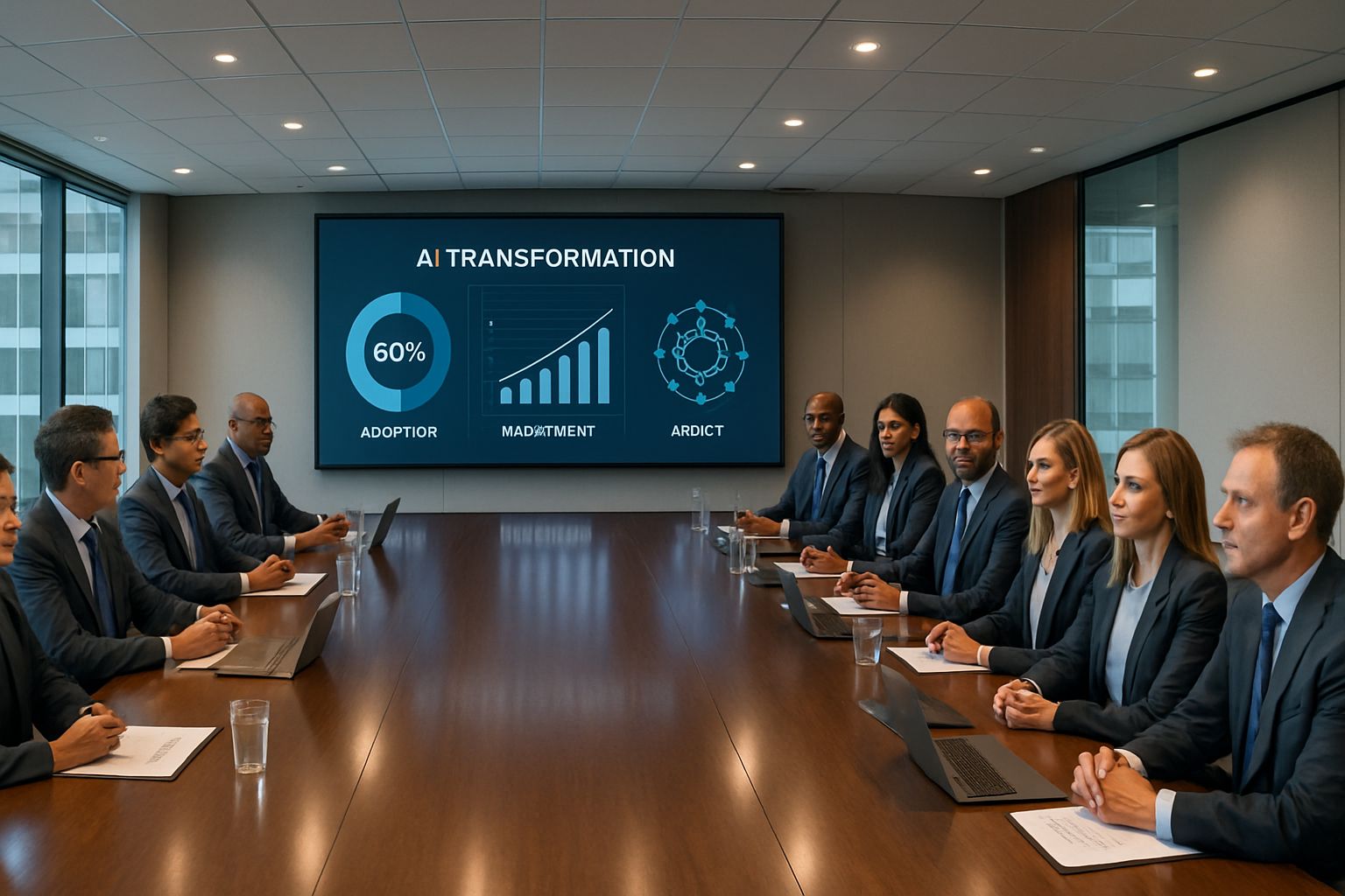 Global consulting team reviews ai transformation plans in a corporate boardroom.