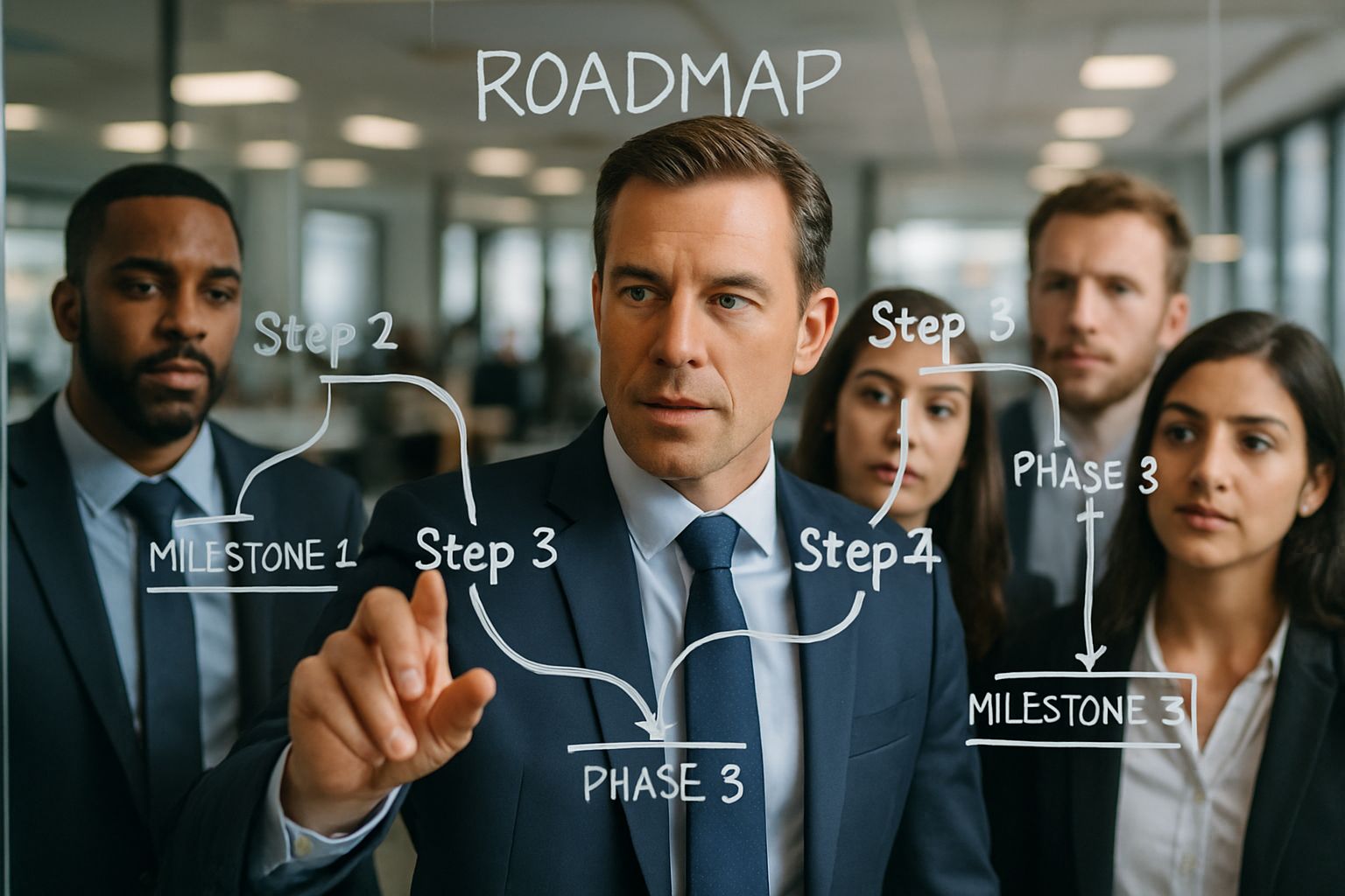 Manager leads team through AI change management roadmap in office setting.