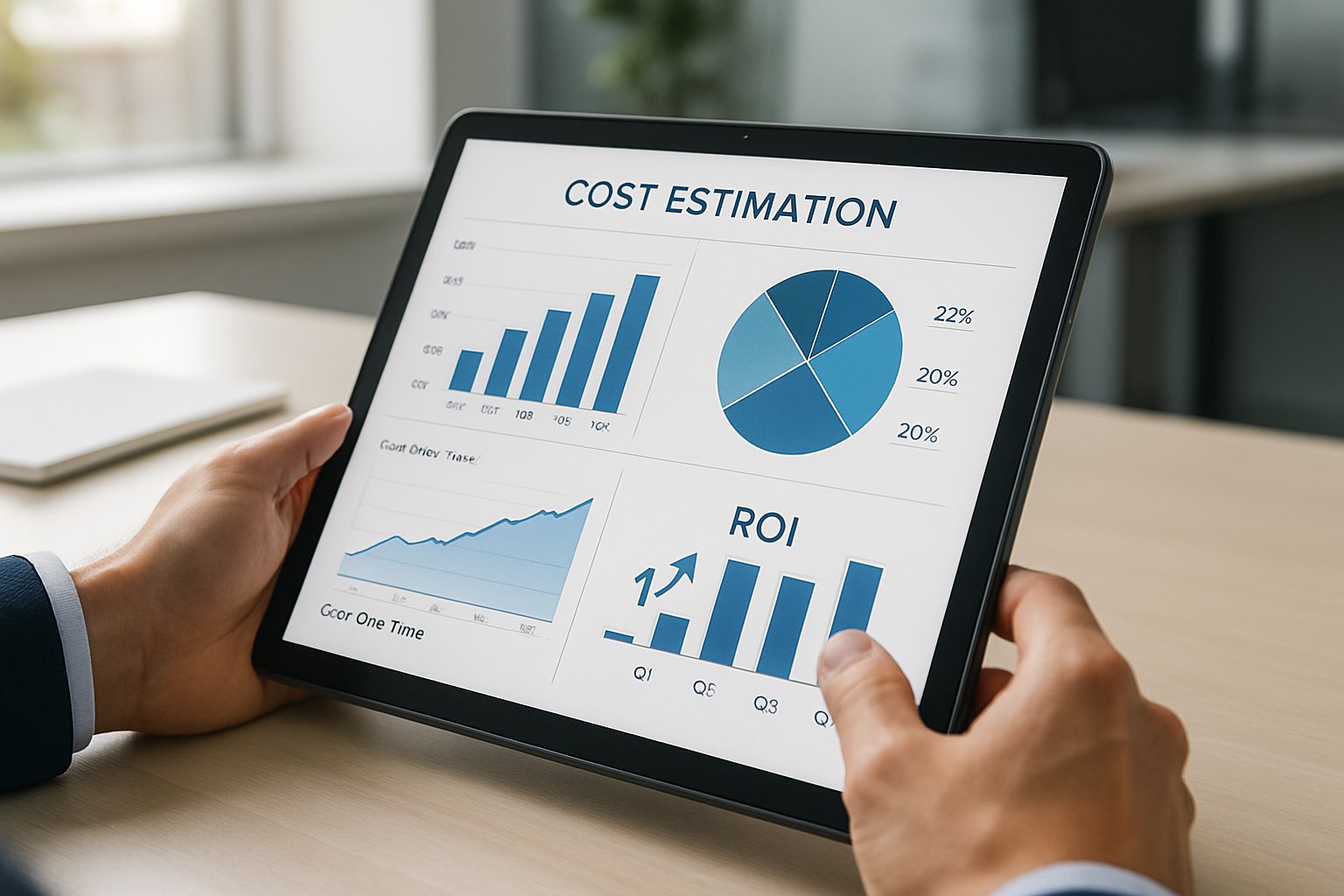 Tablet displaying ai deployment cost estimator dashboard with analytics.