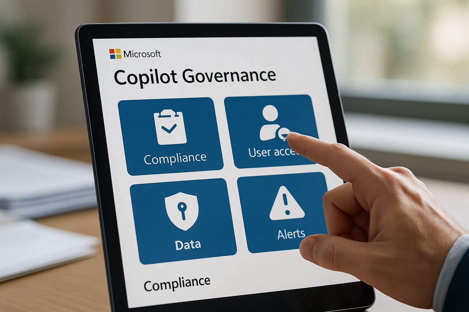 Hand using tablet with Microsoft Copilot Governance interface in office.