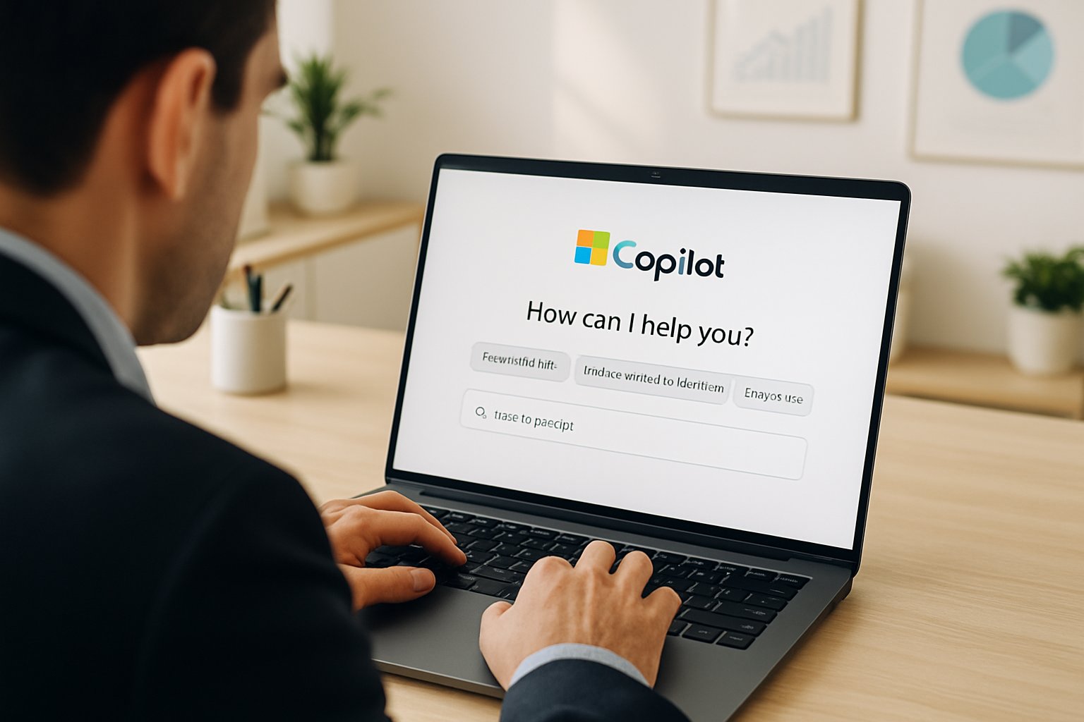 Professional learning Microsoft Copilot Training using a laptop in a realistic office.