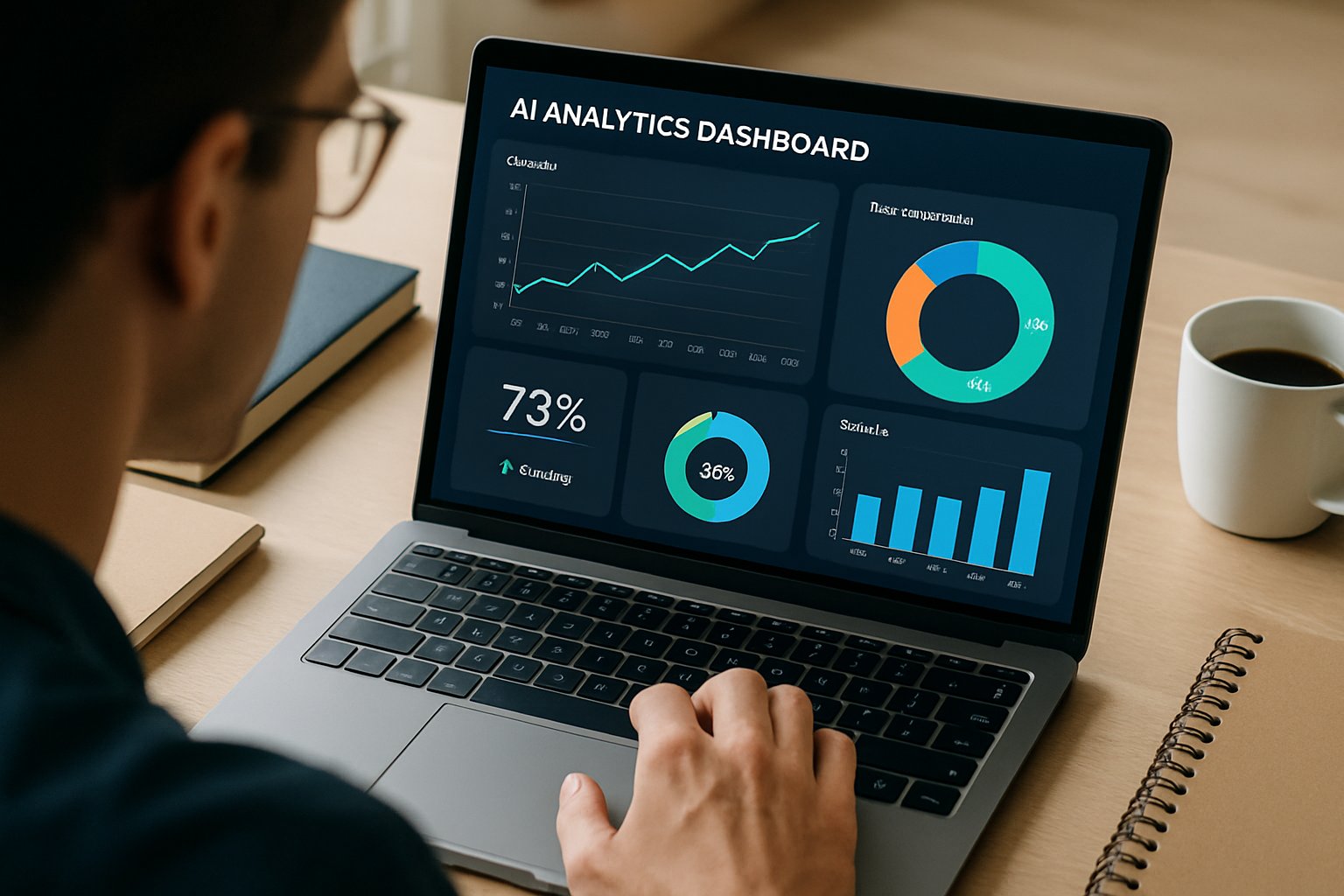 User interacting with AI analytics dashboard interface on laptop.