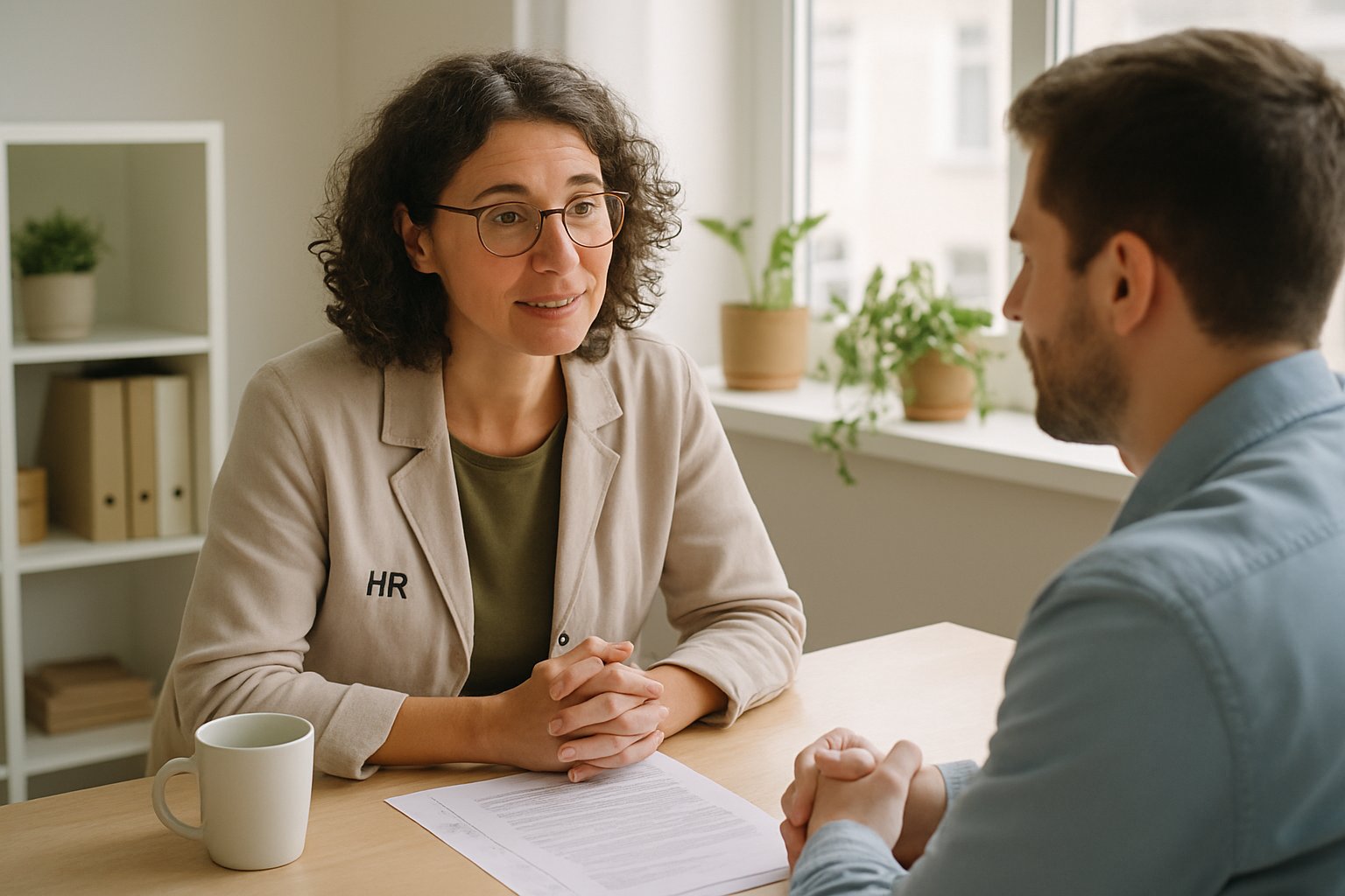 HR manager guiding employee through workforce transition discussions in a real office.