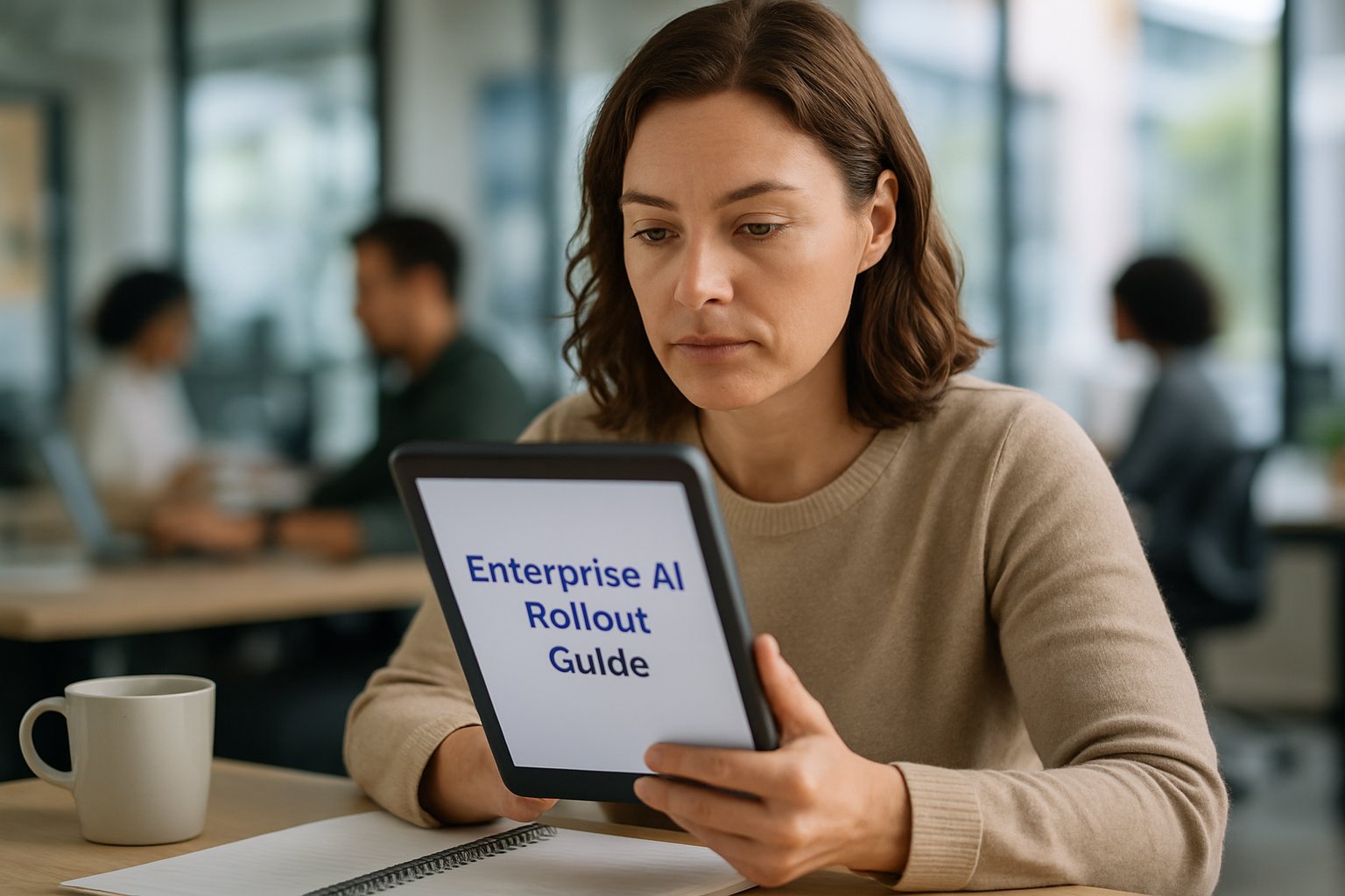HR manager reading an enterprise ai rollout guide on tablet in office