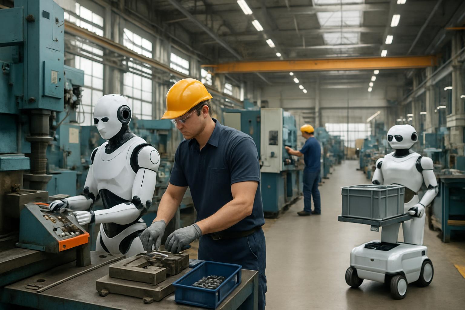 Human operators and robots collaborate in ai transformation factory floor