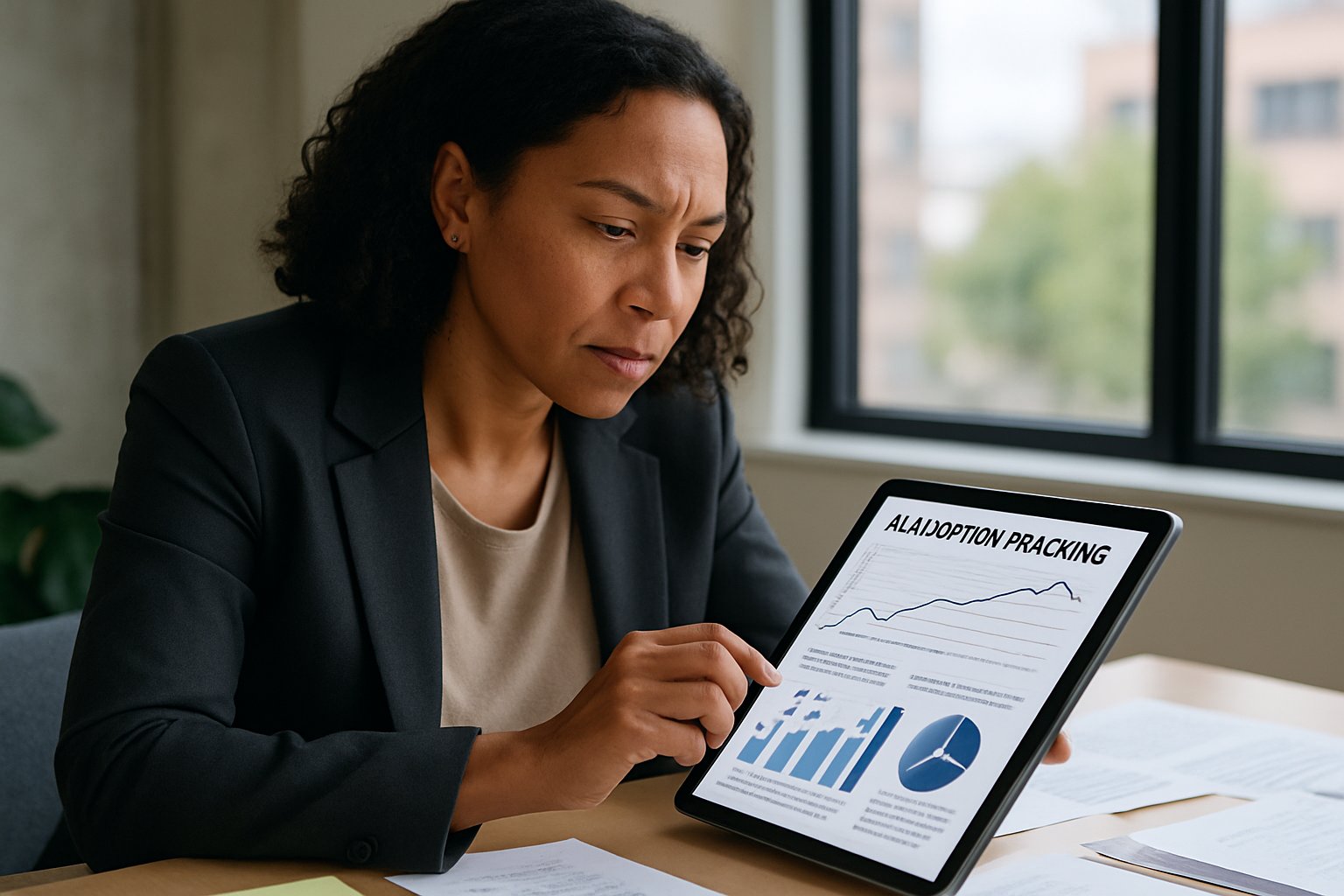 Businesswoman analyzing AI adoption tracking report in real office environment.