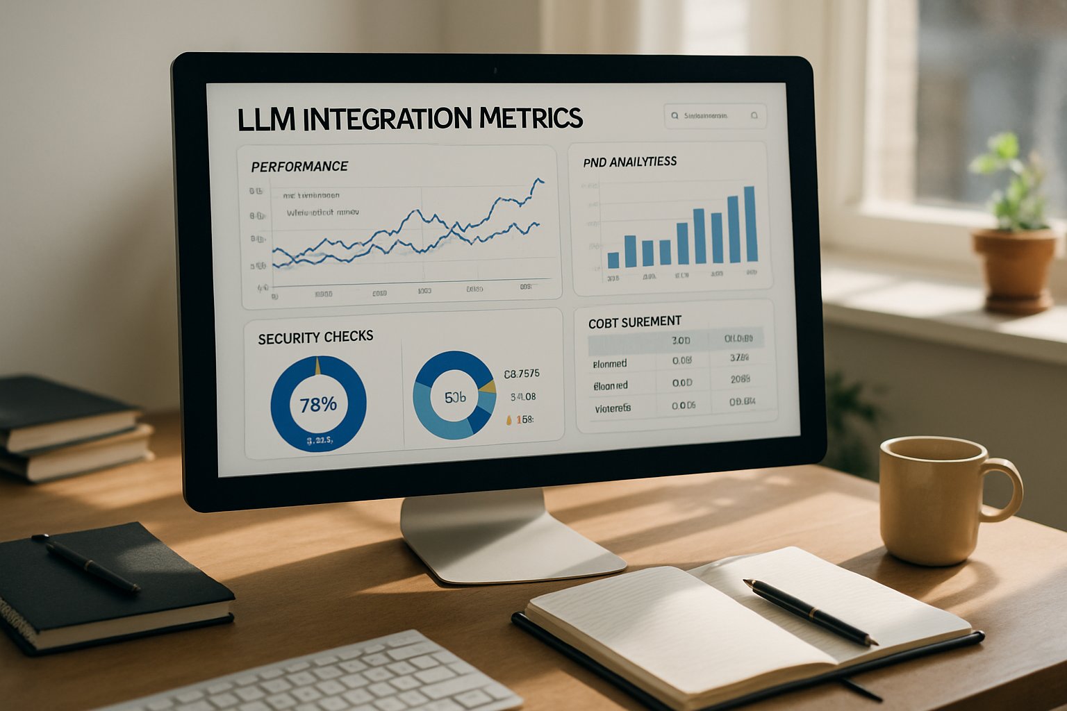 Computer screen showing LLM integration metrics and analytics dashboard in an office.