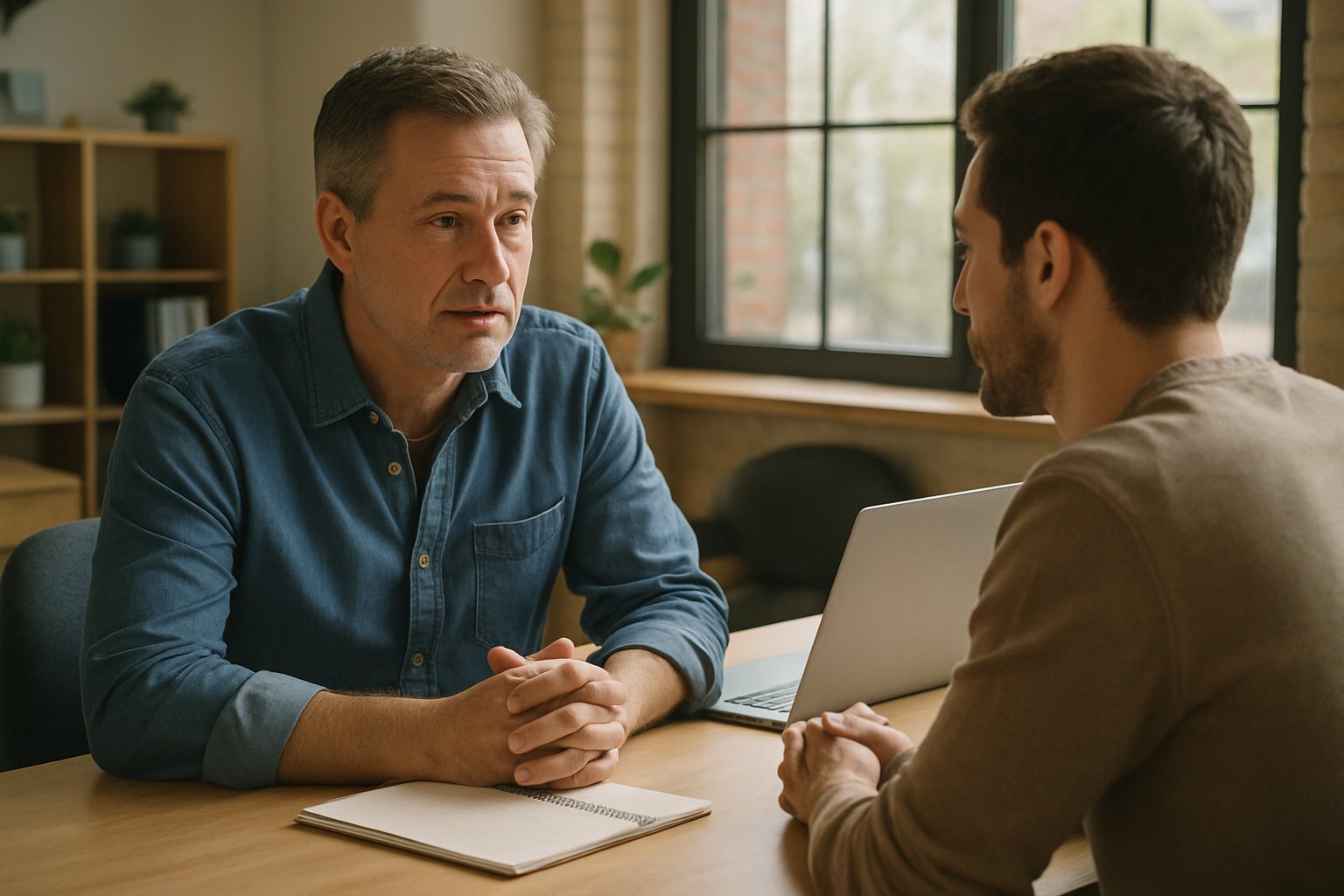 Manager and employee having a workforce transition discussion in an authentic office setting.