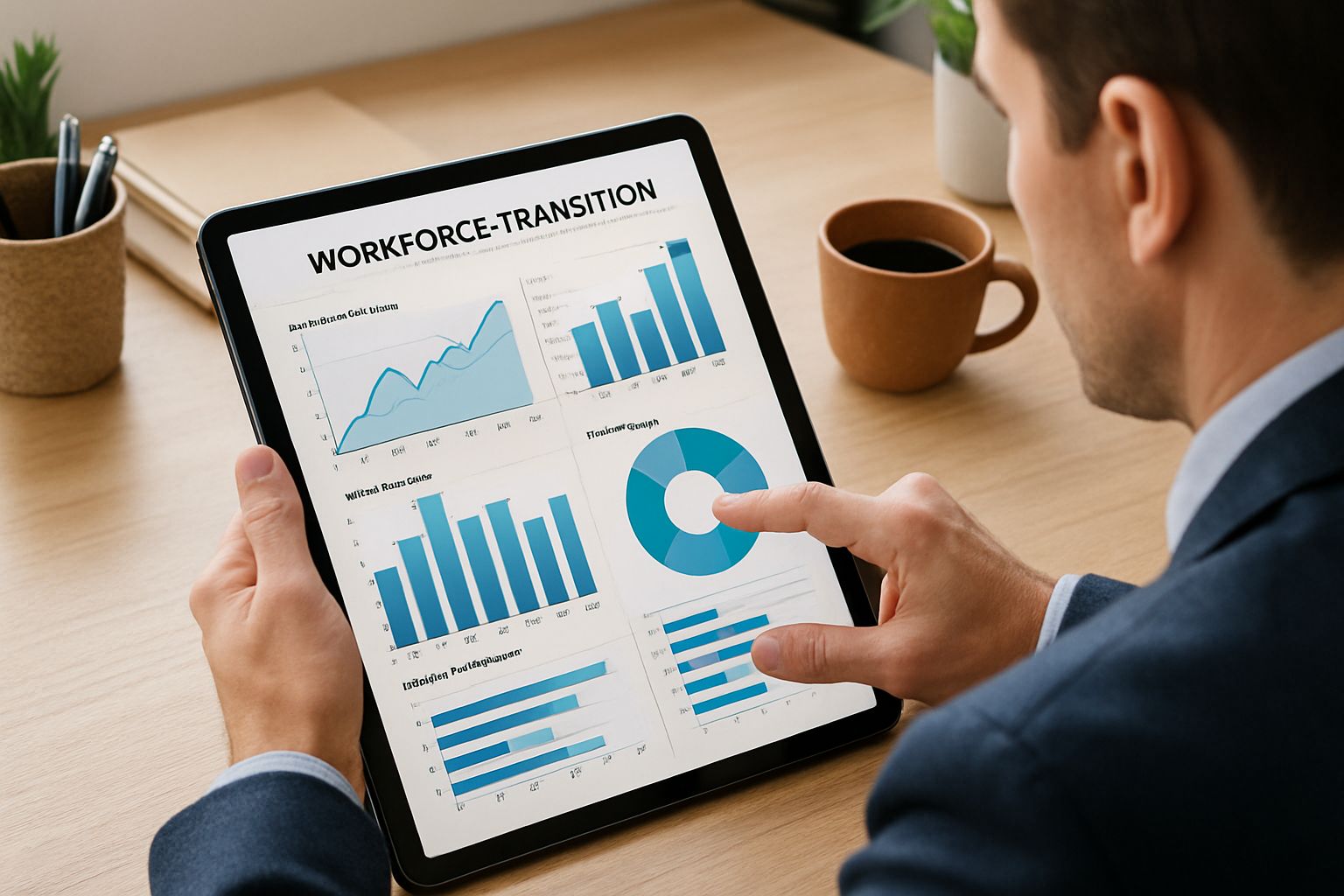 Manager reviewing workforce transition data for AI skill assessment