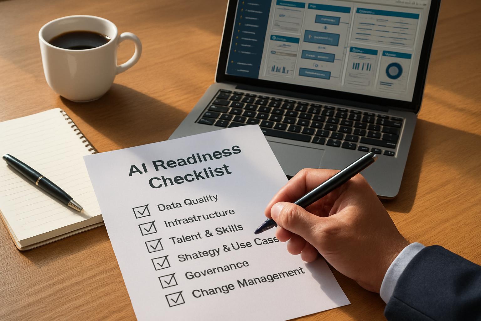 Professional completing AI readiness audit checklist with checklist and laptop