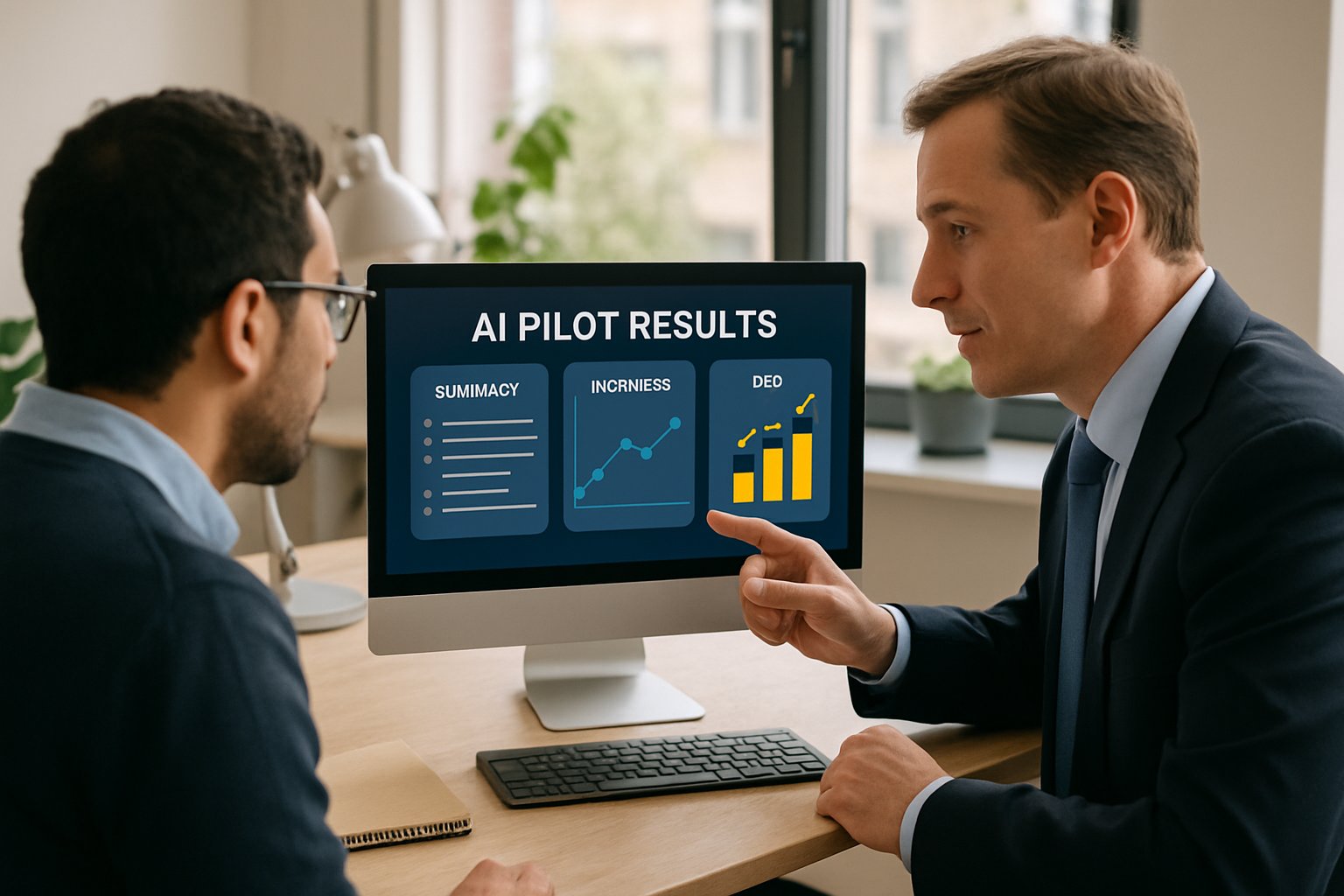 Real-world teamwork reviewing AI adoption results and ROI in enterprise setting.