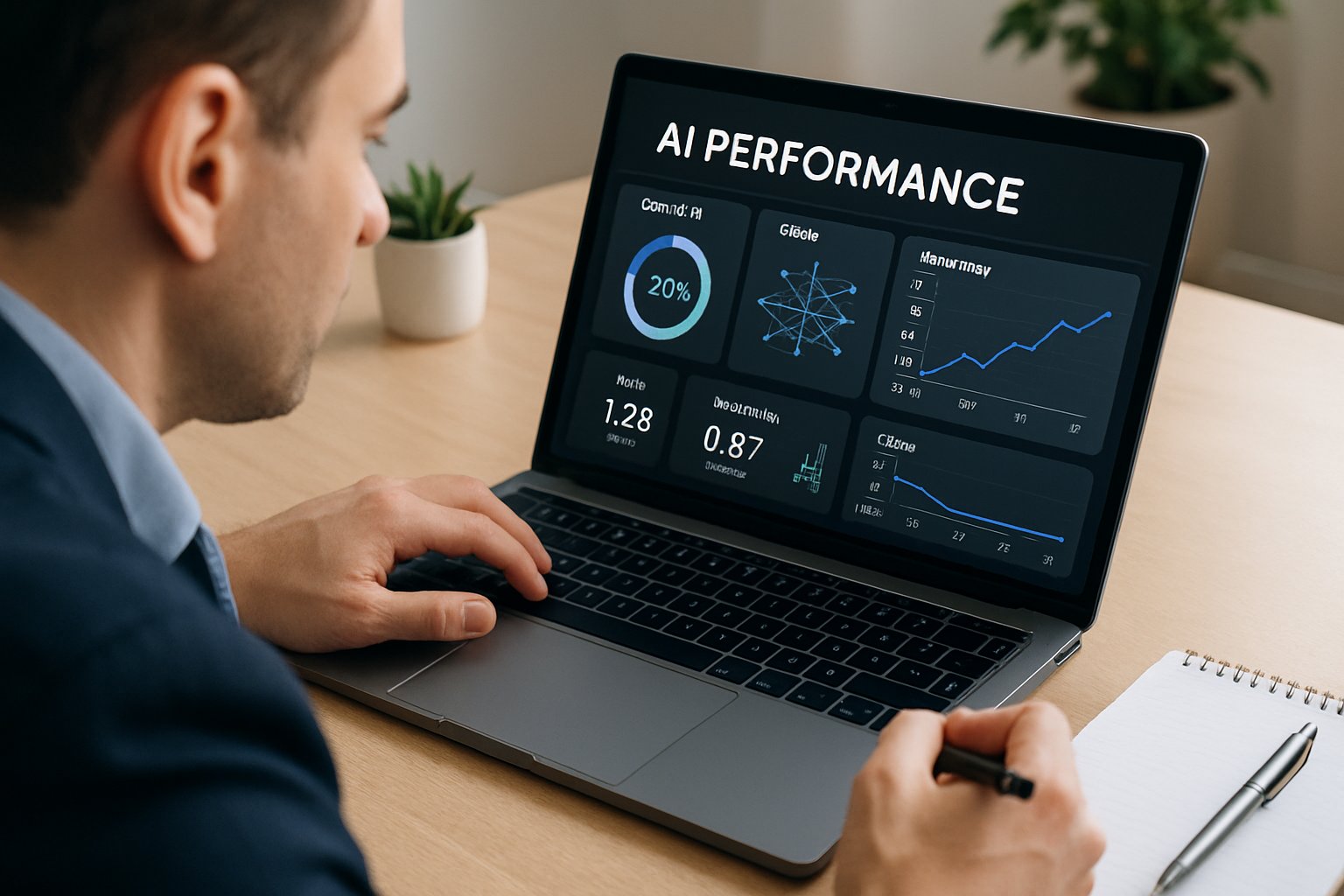 professional reviewing ai enablement metrics on laptop in office
