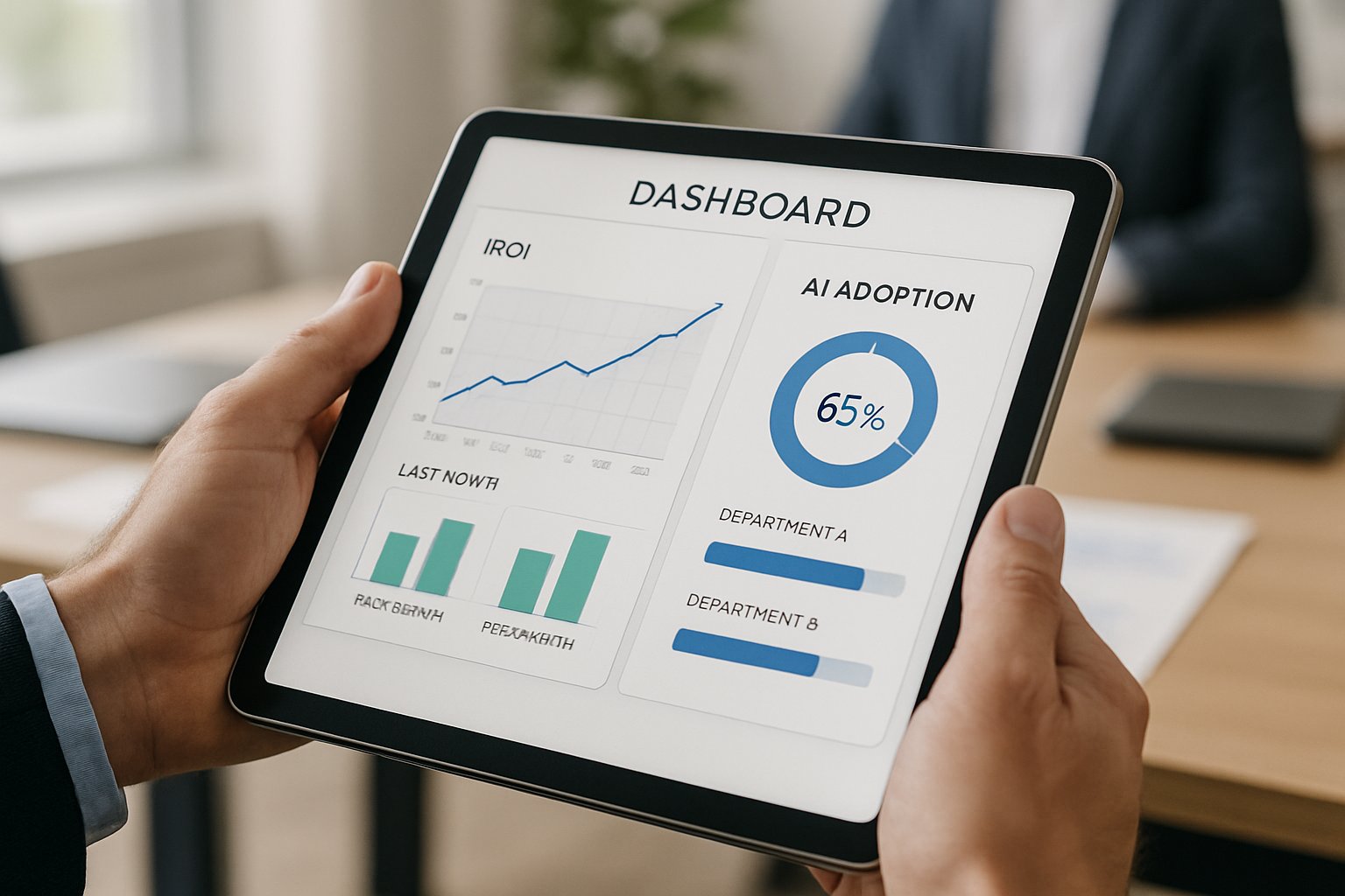 Detailed AI enablement ROI dashboard viewed by business leader.