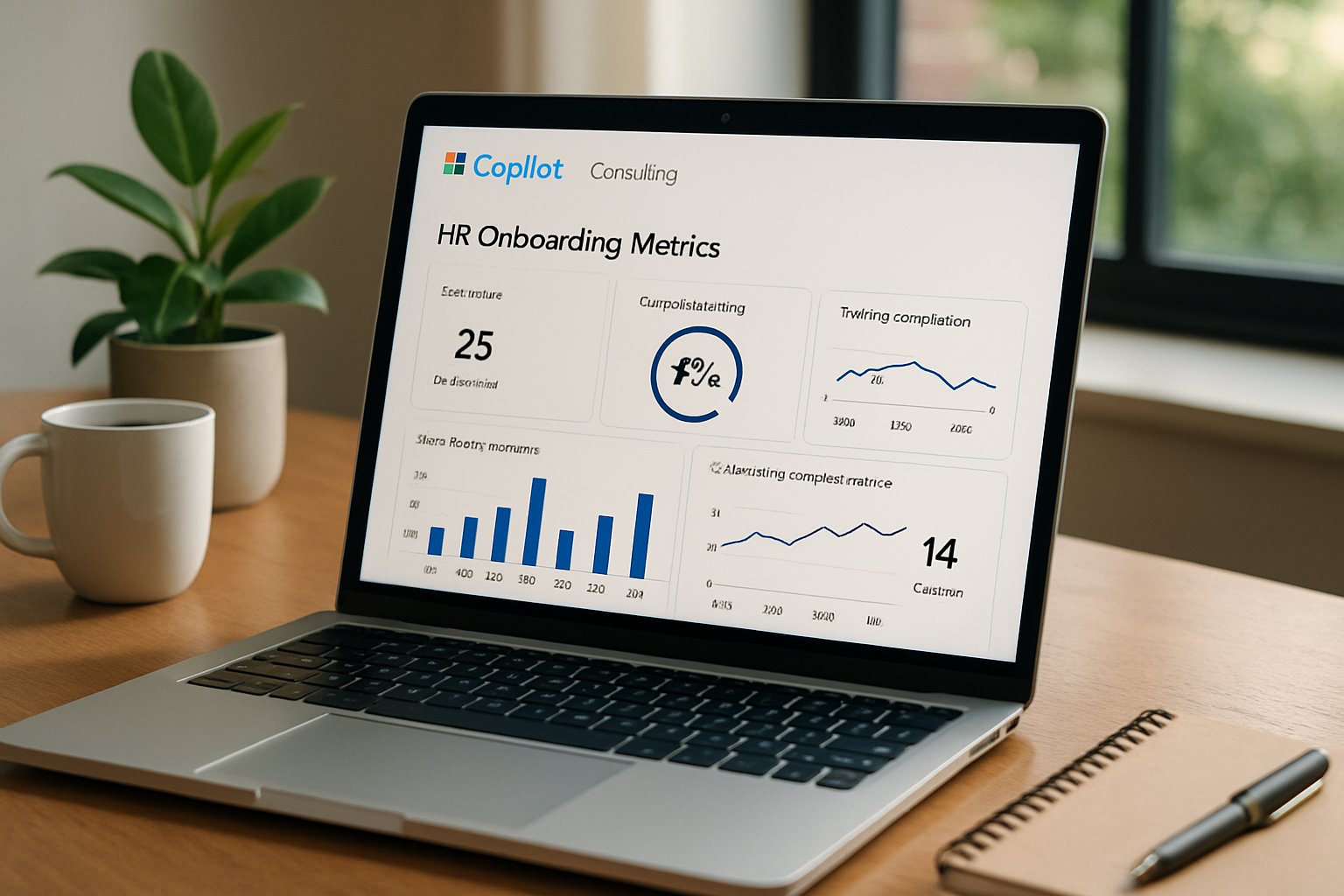 Laptop showing Microsoft Copilot Consulting dashboard for HR onboarding metrics.