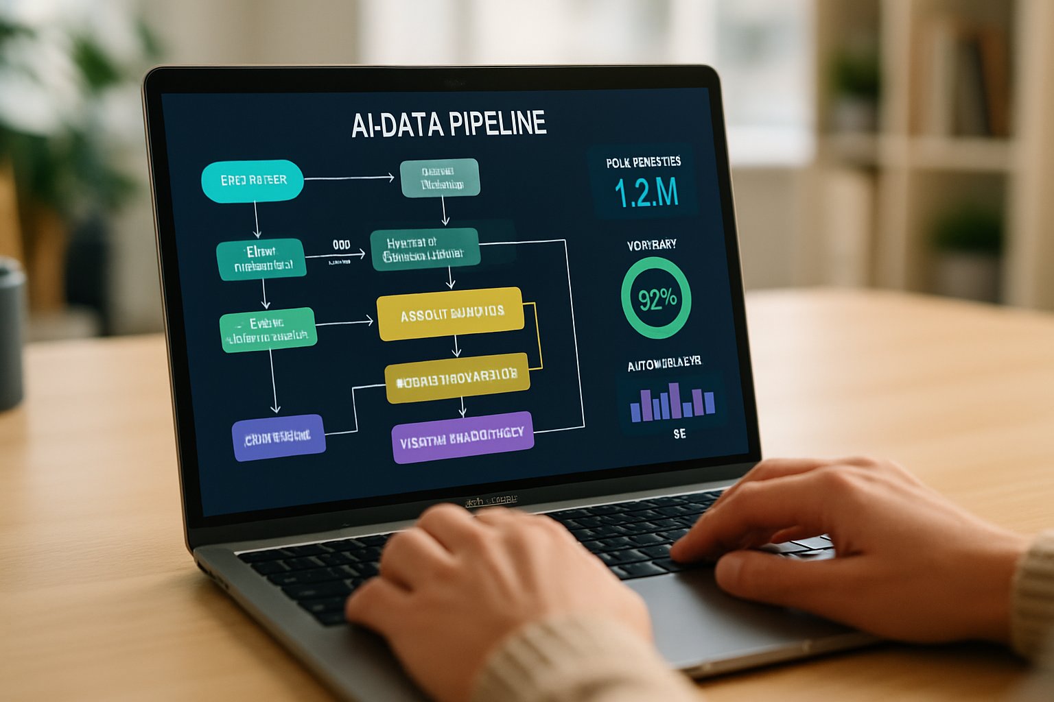 Interactive ai data pipeline dashboard on a laptop in a real office