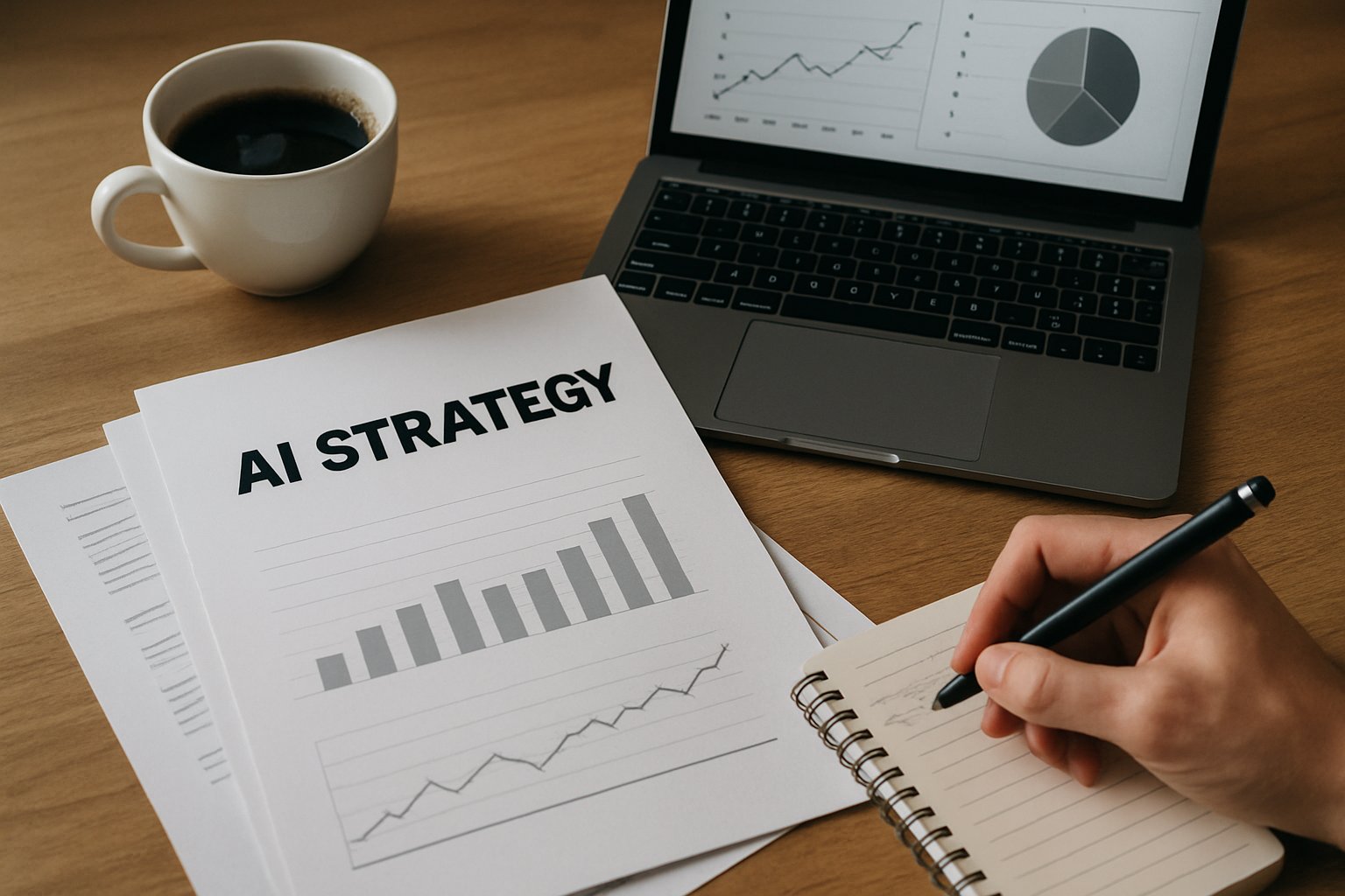 Office desk with documents and laptop related to artificial intelligence adoption.