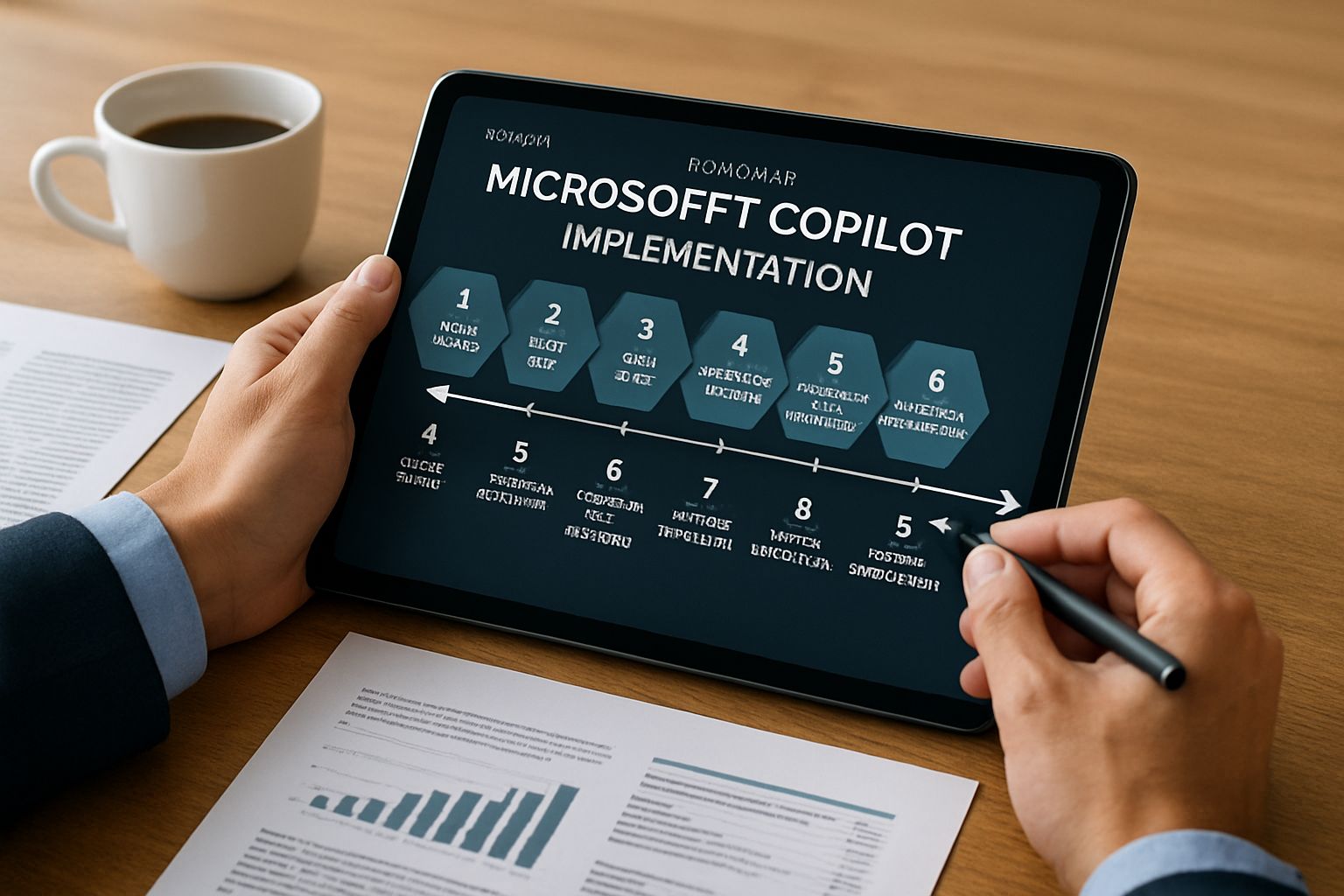 Consultant crafting Microsoft Copilot Consulting 7-step roadmap at a well-lit desk.