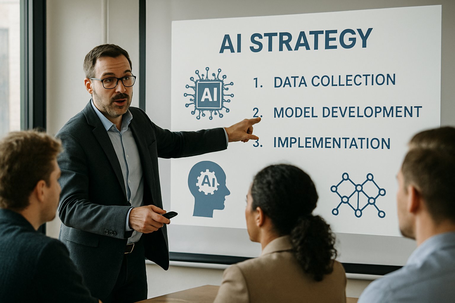Leader presenting AI innovation culture strategy to colleagues in modern workspace.