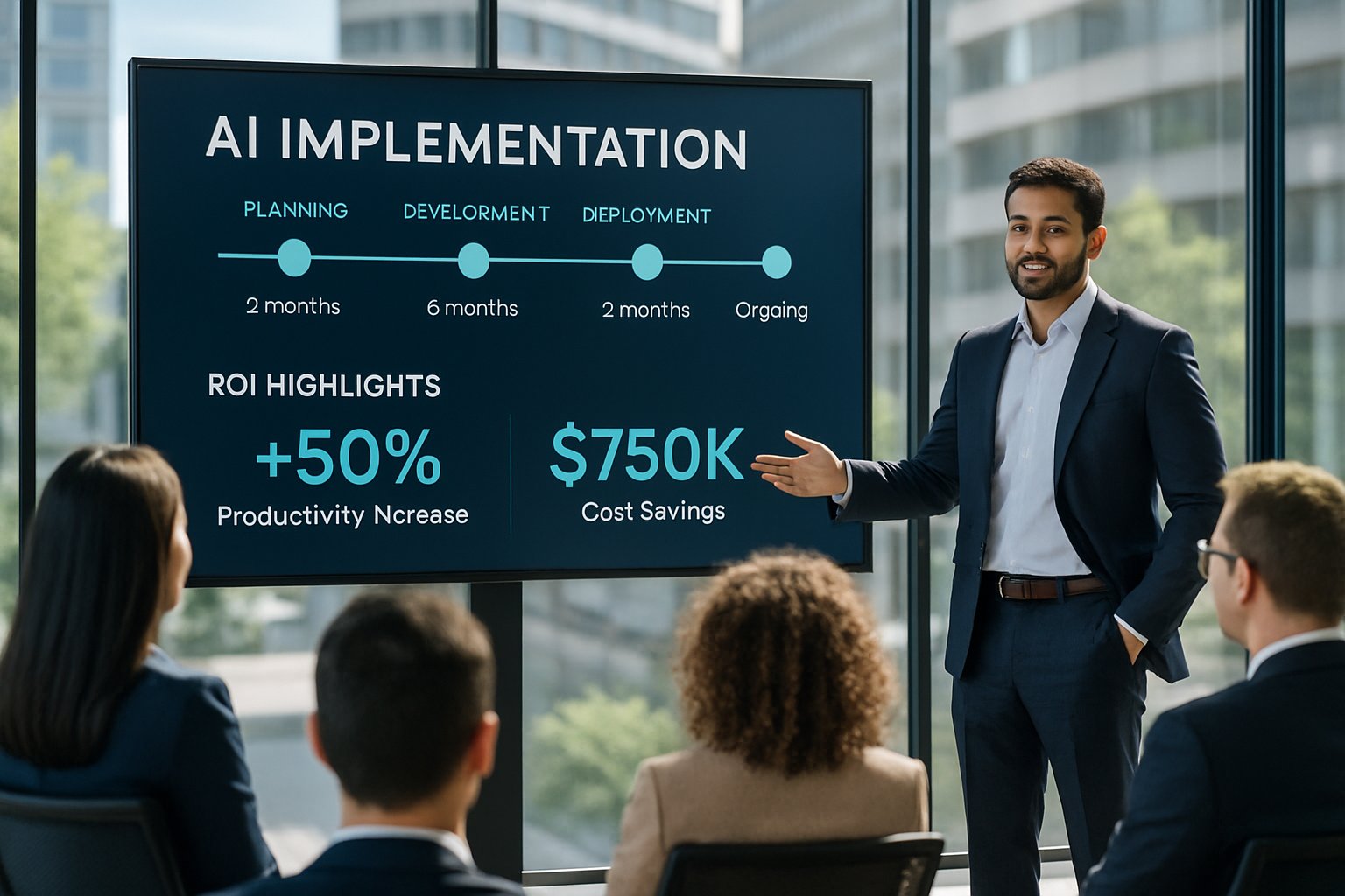 business professional presenting ai implementation demo to colleagues