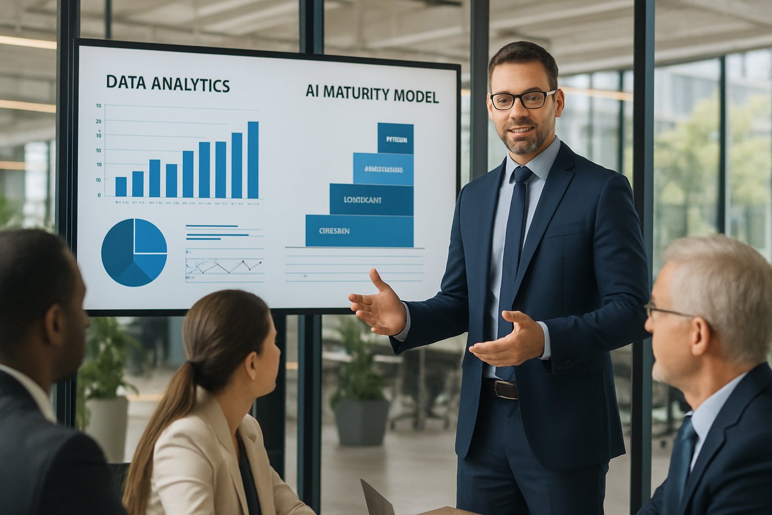 Leader presenting organizational readiness AI maturity model in office setting