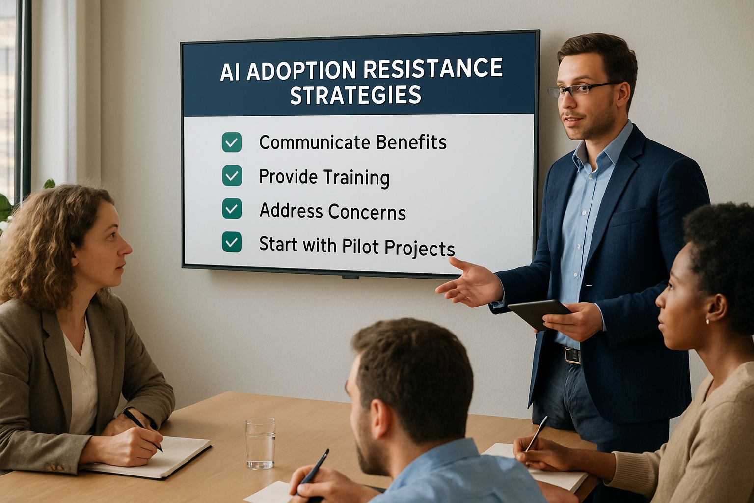 Manager presenting strategies to combat AI adoption resistance to company staff.