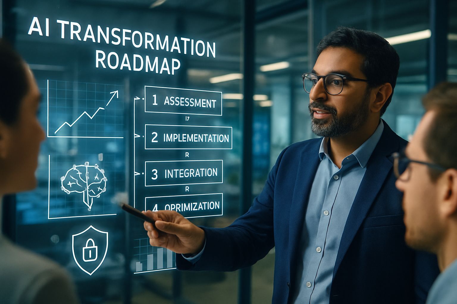 Team leader presents ai transformation roadmap to engaged business professionals.