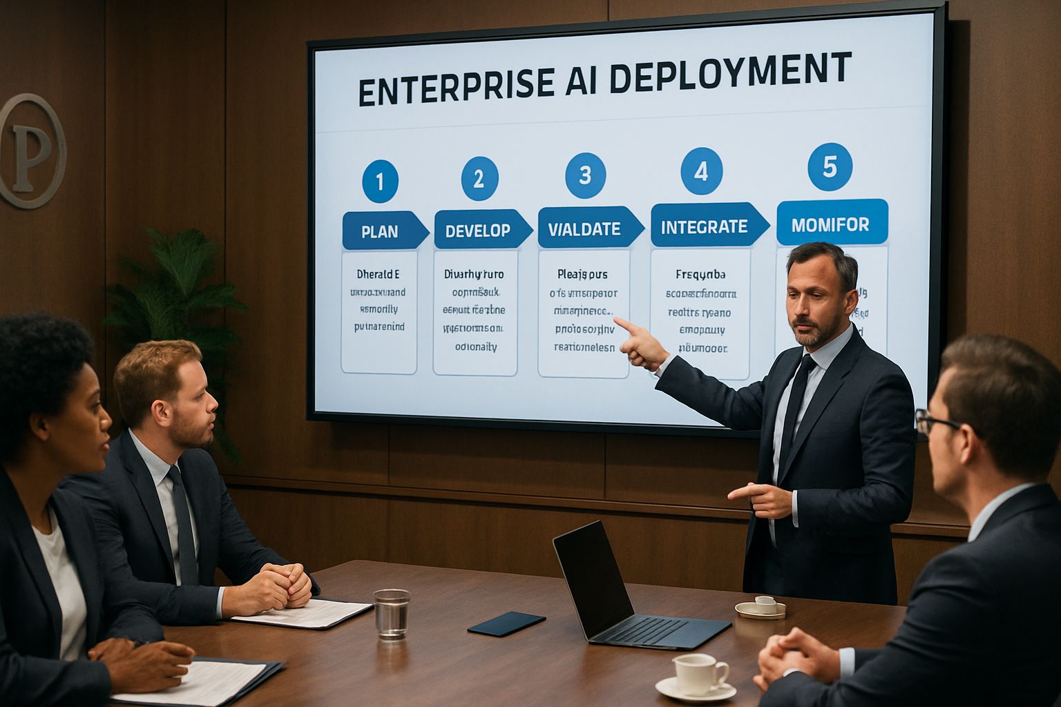 Executive presenting enterprise AI deployment roadmap to the leadership team.