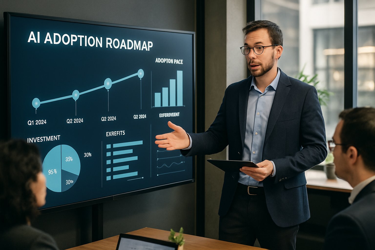 Project manager presenting ROI dashboard for enterprise ai rollout to colleagues.