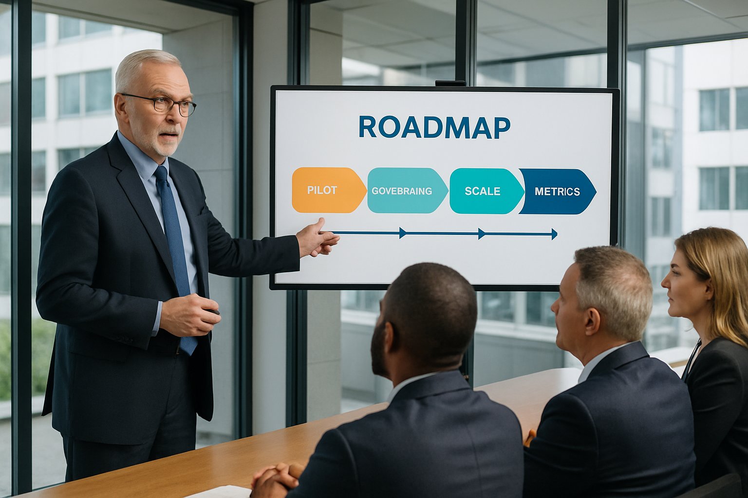 Enterprise AI rollout roadmap presentation by IT manager in a real office.