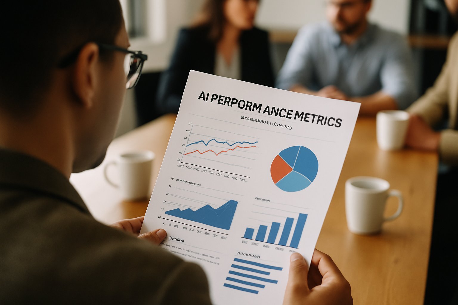 Professional holding printed report of AI performance metrics in enterprise meeting.