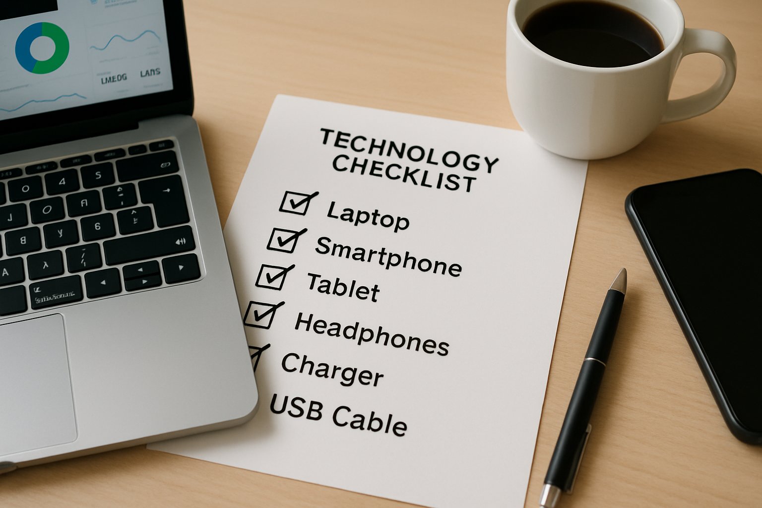 AI enablement technology checklist printed on office desk with digital devices.