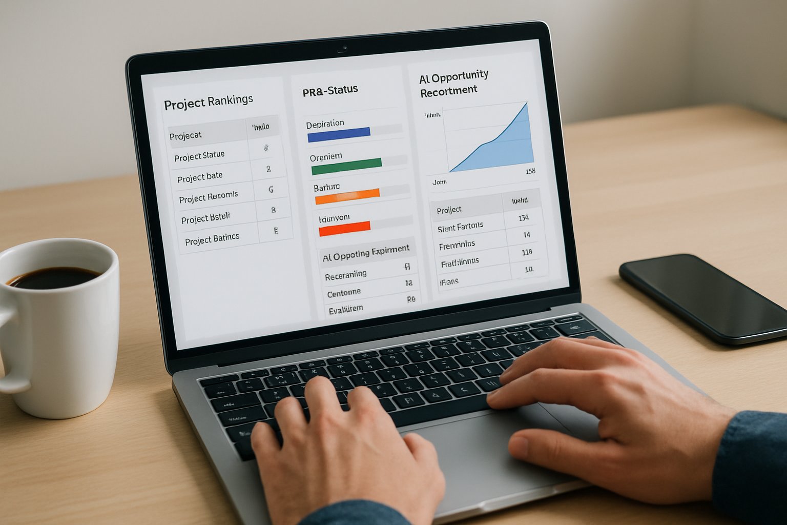Laptop displays AI opportunity assessment dashboard with ranked AI projects.