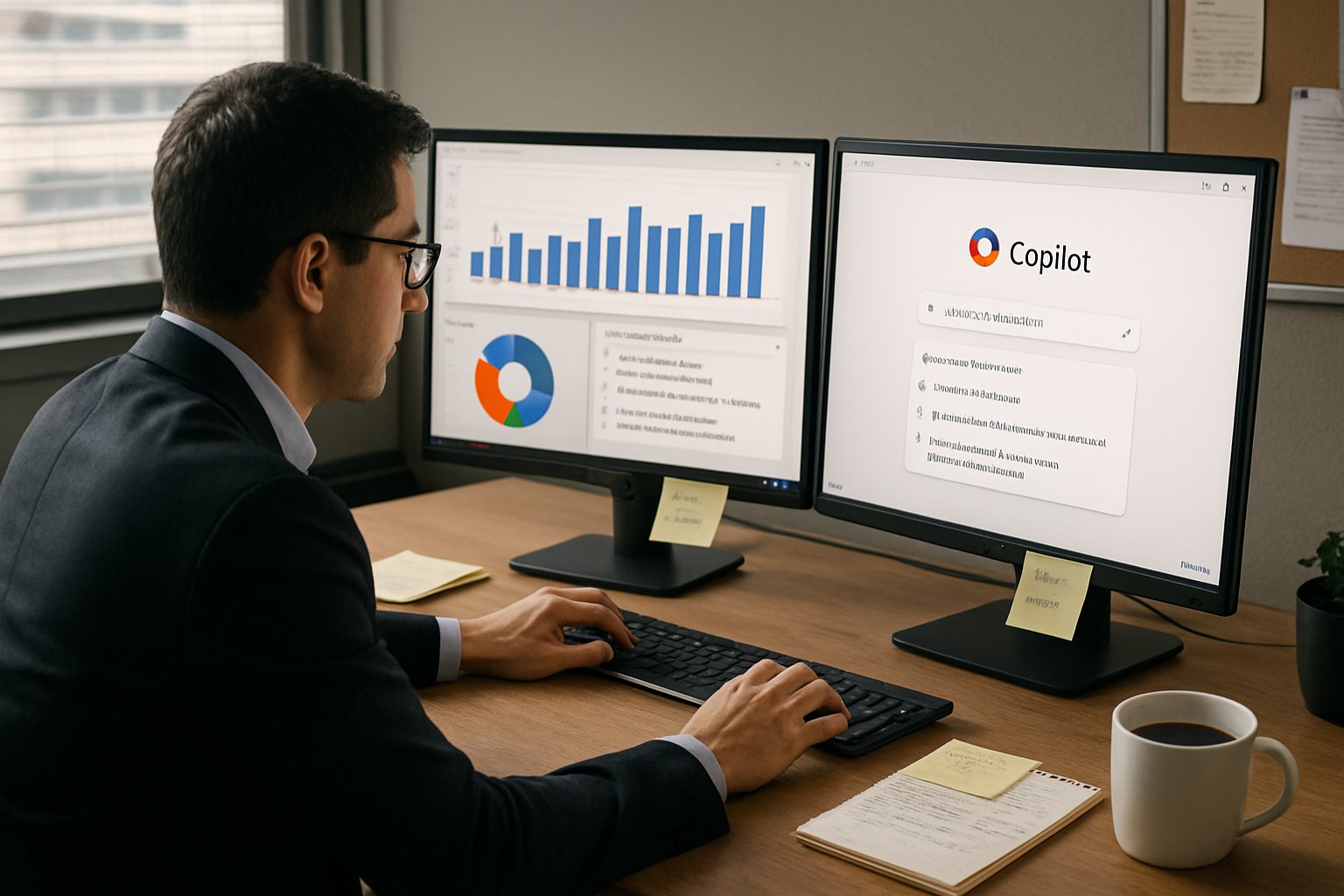 Professional at desk leveraging Microsoft Copilot Consulting tools for workflow efficiency.