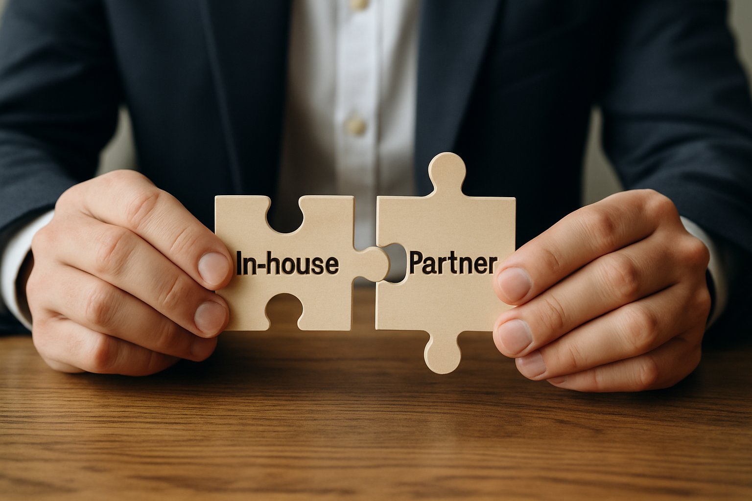 Hands connect puzzle pieces symbolizing in-house and partner adoption strategy options.