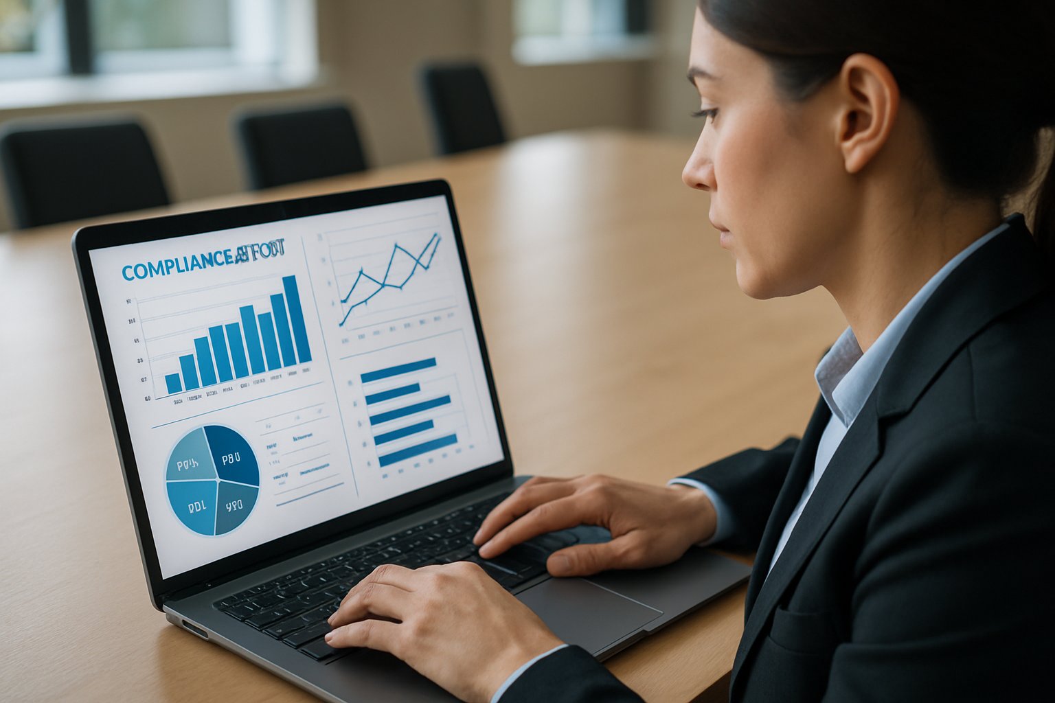 Professional analyzing artificial intelligence adoption data and trends on a laptop.