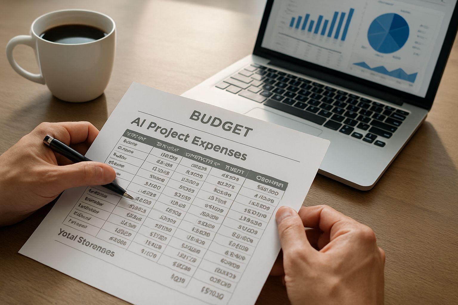 Detailed AI investment strategy budget spreadsheet reviewed by analyst in office.