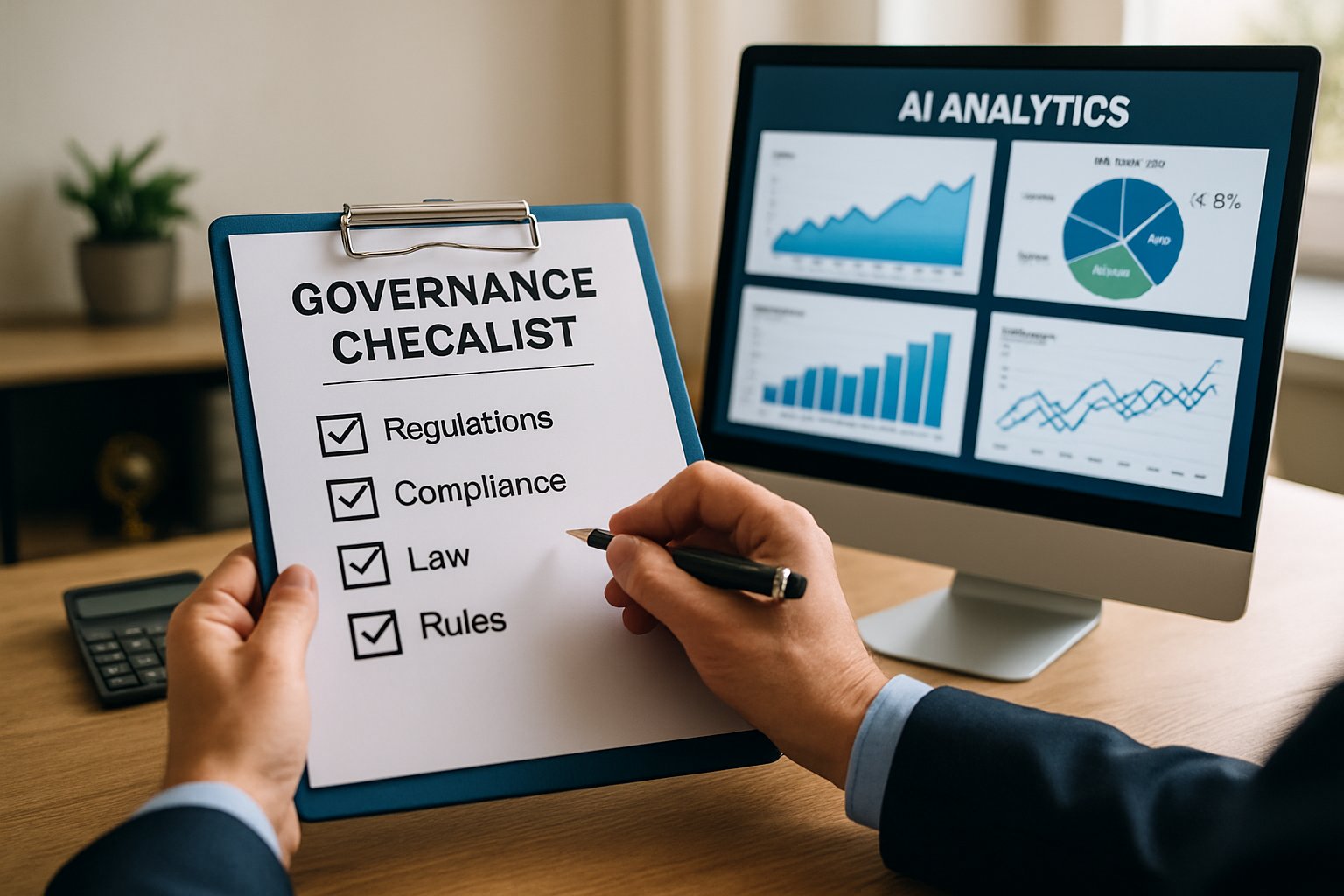 Compliance officer reviewing AI implementation with governance checklist.