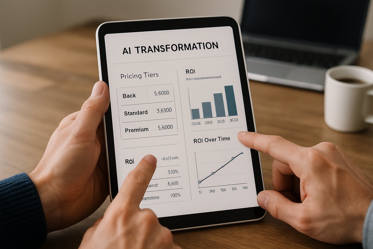 Professional points to ROI charts for ai transformation on a digital tablet.