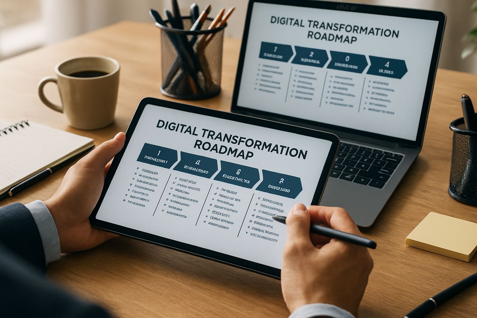 Professional reviewing digital transformation roadmap on tablet and laptop