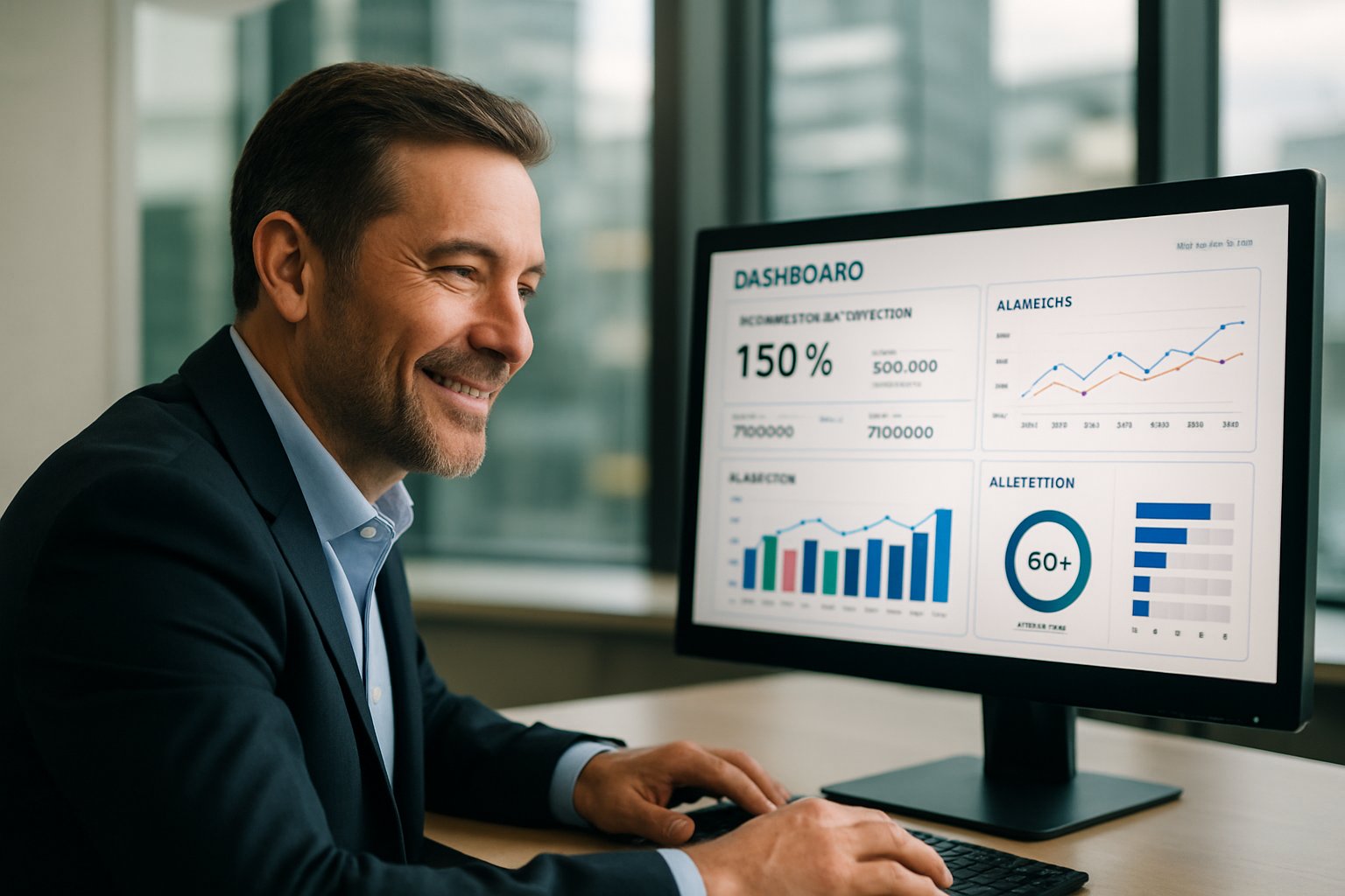 Executive analyzing ROI results from AI upskilling services on a digital dashboard