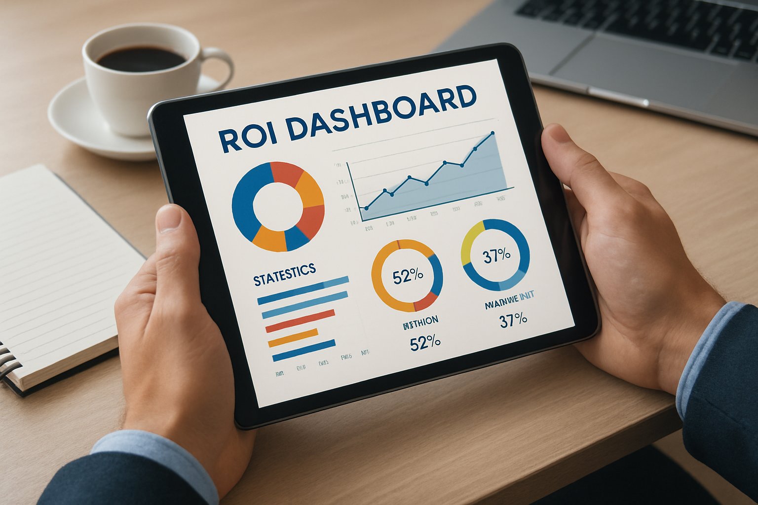 Tablet with ROI dashboard to illustrate adoption strategy analytics in the workplace.