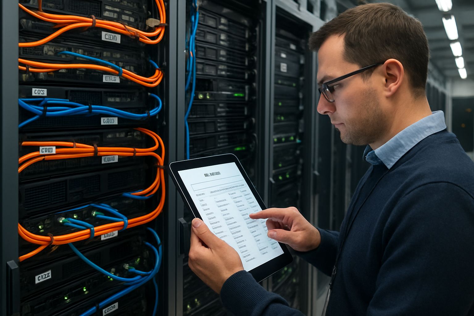 IT specialist managing data governance protocols in secure server room