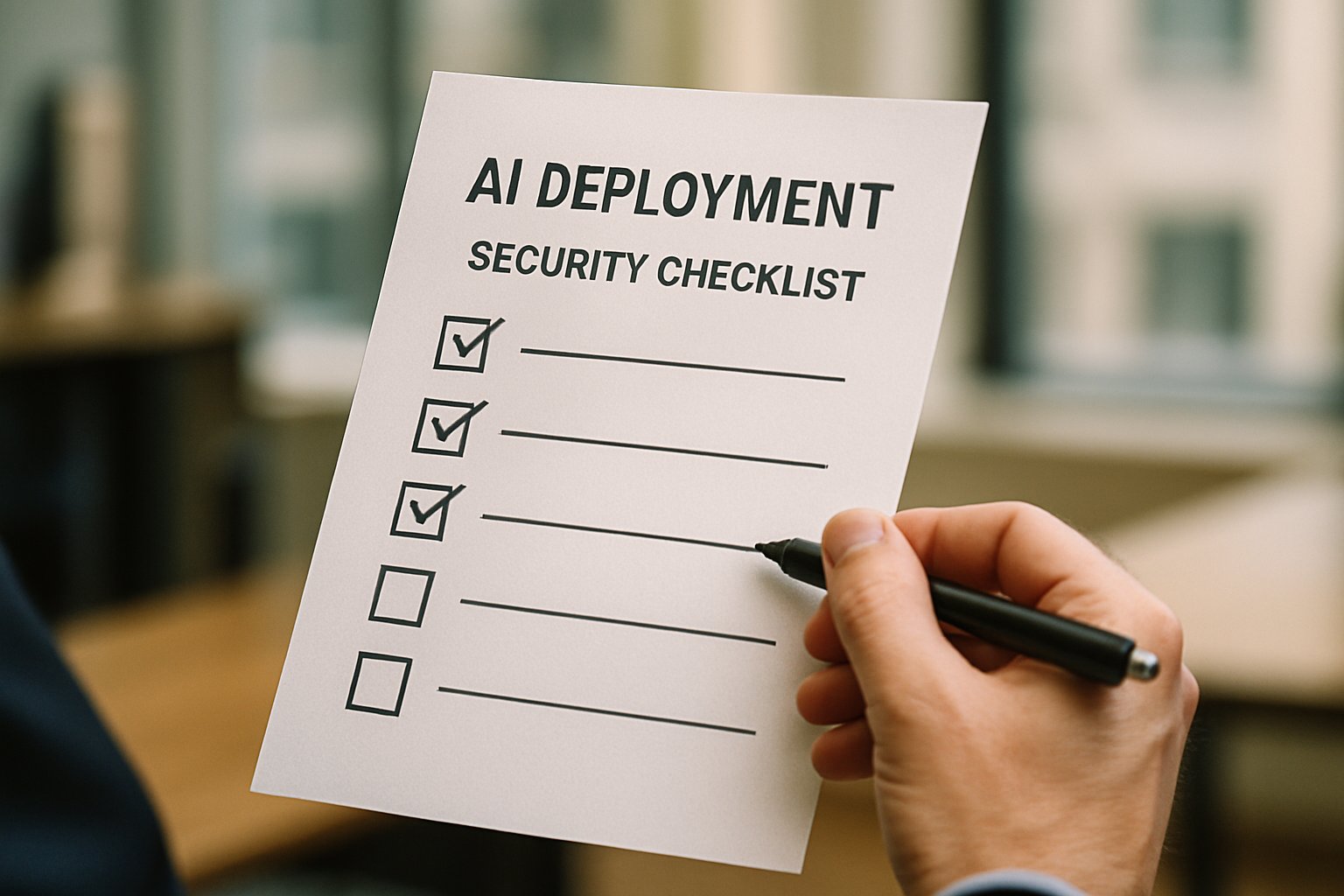 Hand holding ai deployment security checklist in professional office