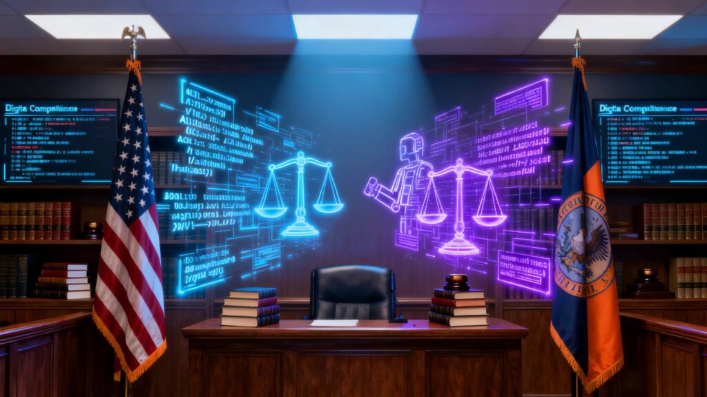 Courtroom illustration showing conflict between state and federal AI laws