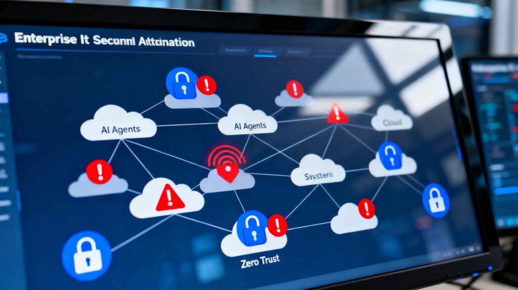 Digital dashboard illustrating AI agent connections and Zero Trust monitoring.