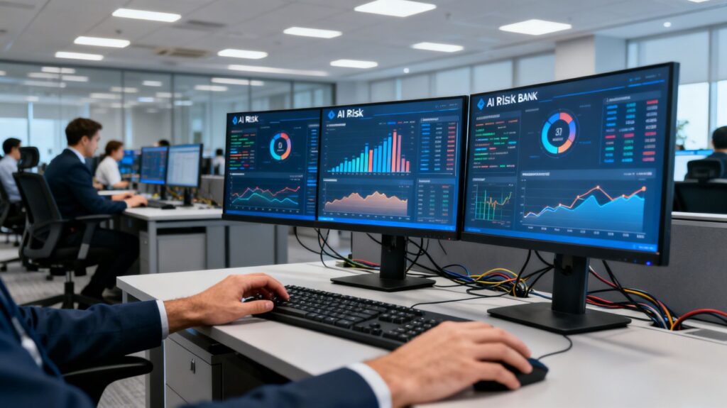 Bank analysts reviewing AI systems within regulatory sandbox environment.