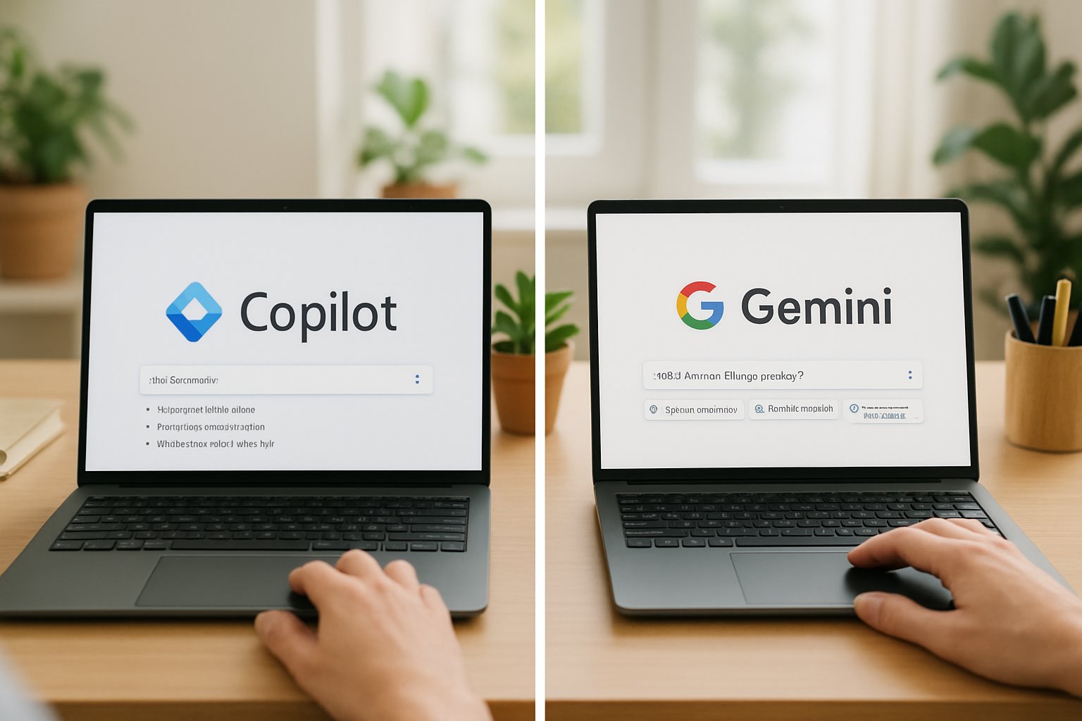 Microsoft Copilot Consulting comparison between Copilot and Gemini interfaces on laptops.