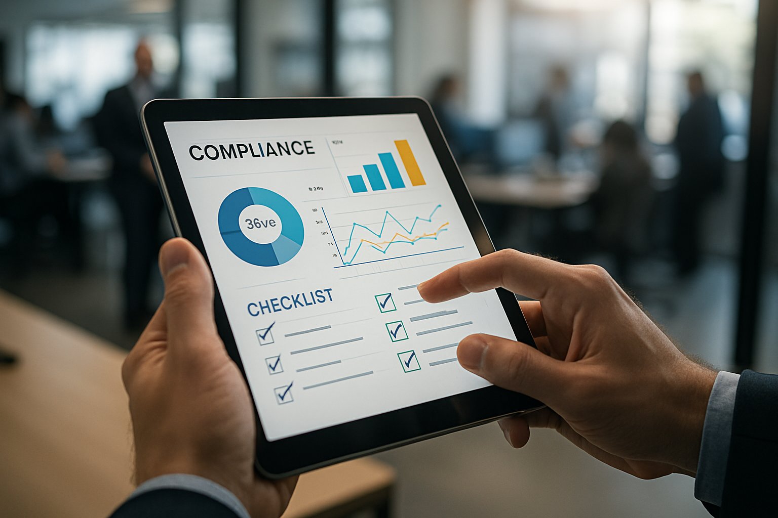 Finance expert using tablet with data maturity and compliance charts.
