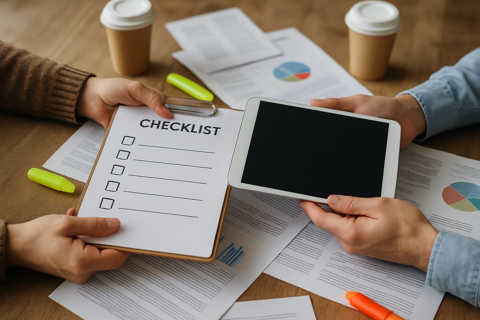 Hands exchanging workforce transition checklist in a collaborative setting.
